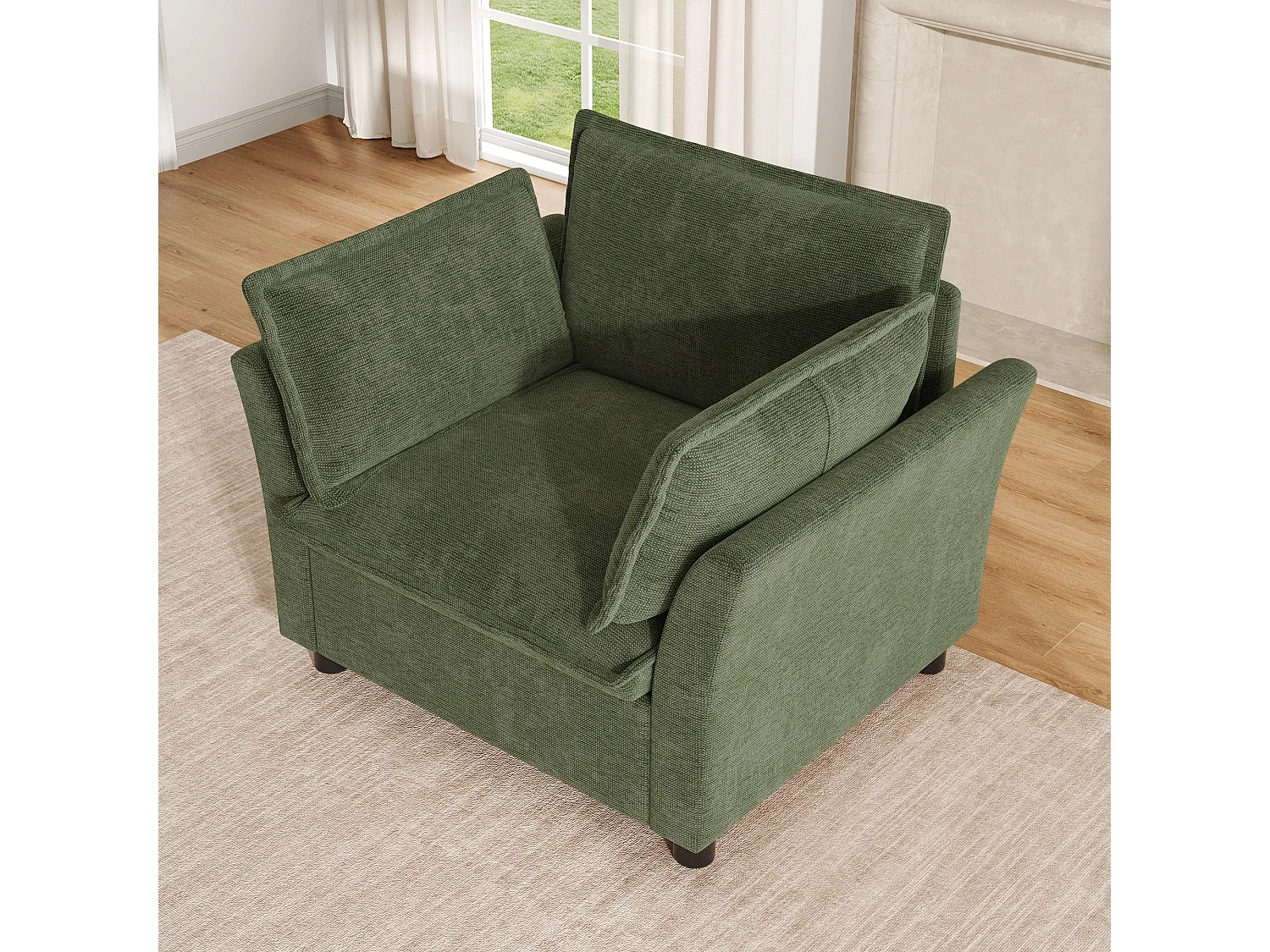 Ergonomisk fåtölj för vardagsrum i chenilletyg, läsfåtölj med kudde och böjda armstöd, robust konstruktion 90x81x87 cm - grön