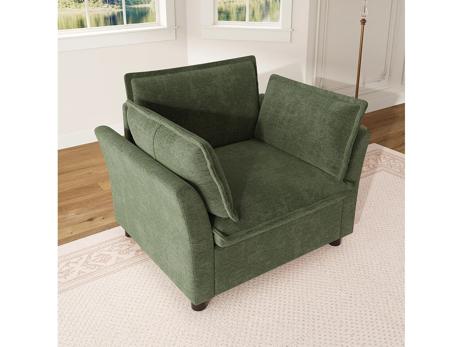 Ergonomisk fåtölj för vardagsrum i chenilletyg, läsfåtölj med kudde och böjda armstöd, robust konstruktion 90x81x87 cm - grön