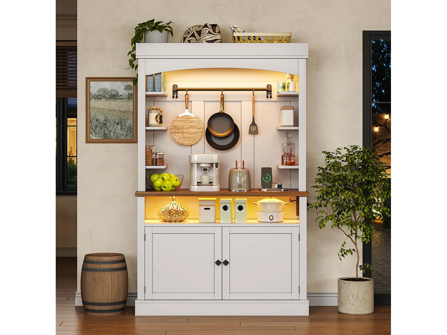 Buffet de cuisine 106x43x183cm - avec éclairage LED et prise - avec 2 portes - avec crochet - vitrine et cave à vin combinées - Blanc
