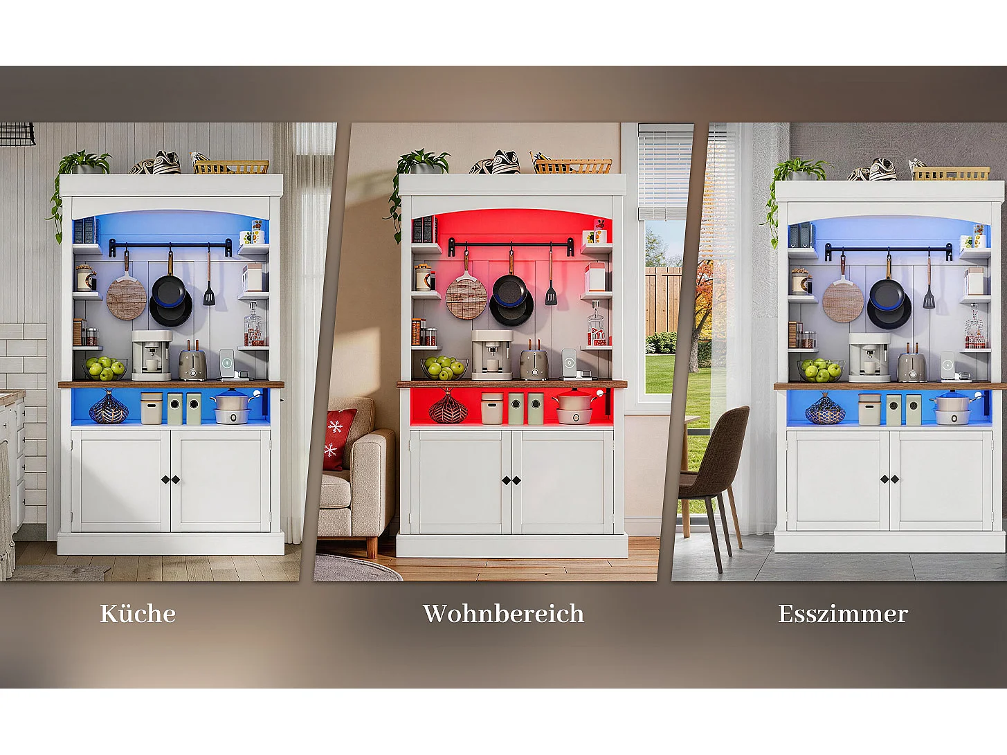 Buffet de cuisine 106x43x183cm - avec éclairage LED et prise - avec 2 portes - avec crochet - vitrine et cave à vin combinées - Blanc