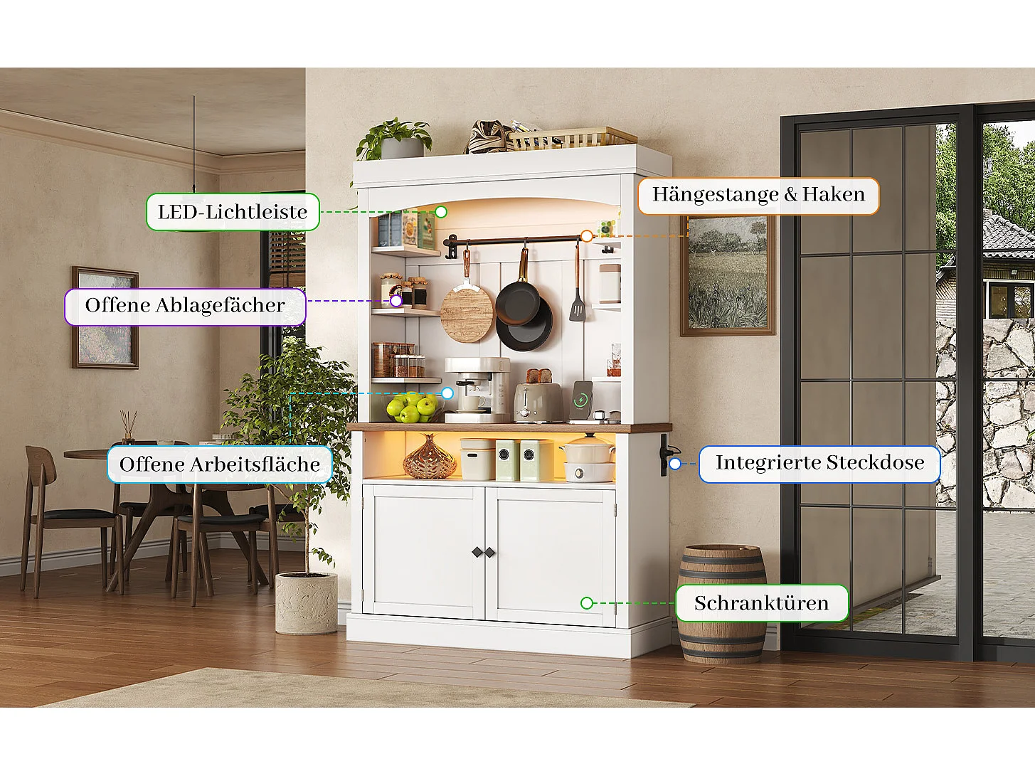 Buffet de cuisine 106x43x183cm - avec éclairage LED et prise - avec 2 portes - avec crochet - vitrine et cave à vin combinées - Blanc