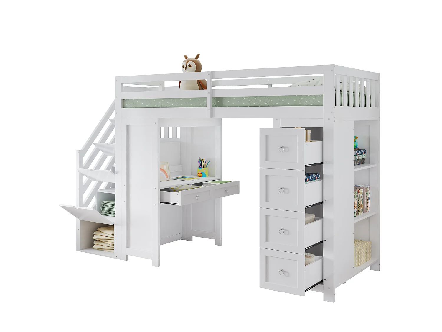 Lit mezzanine 90x200 cm - avec bureau et tiroirs - avec échelle de rangement et étagères - Bois massif + MDF - Blanc (sans matelas)