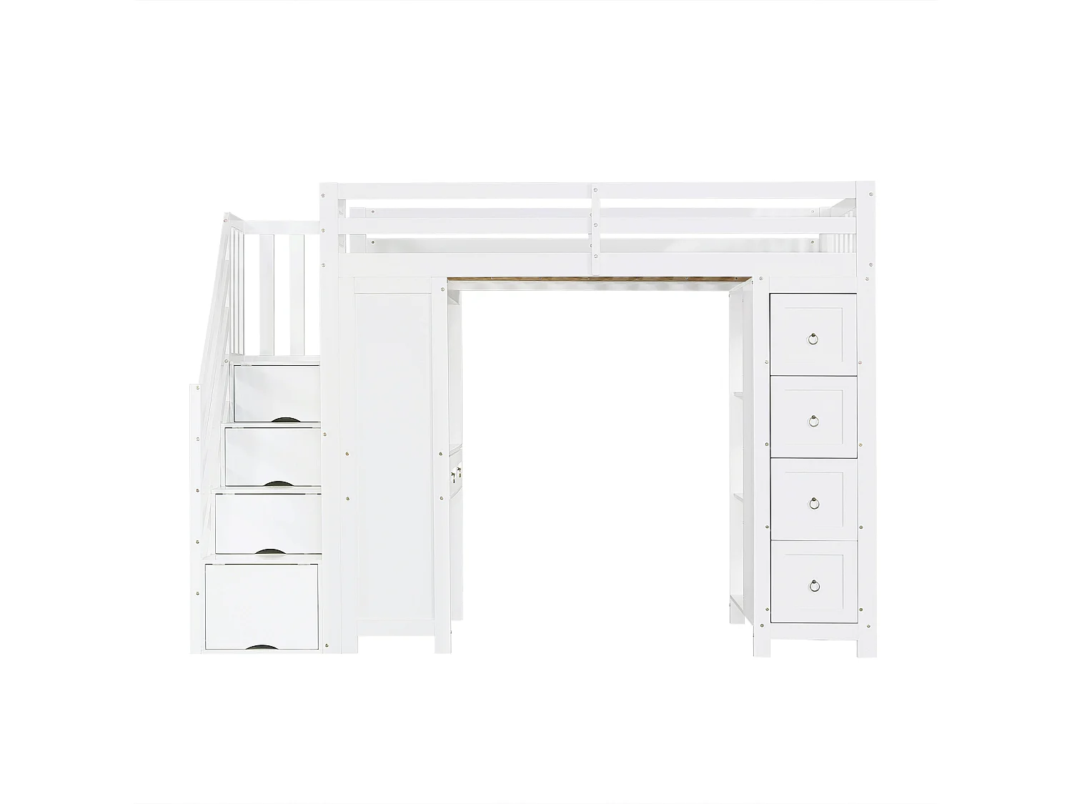 Lit mezzanine 90x200 cm - avec bureau et tiroirs - avec échelle de rangement et étagères - Bois massif + MDF - Blanc (sans matelas)