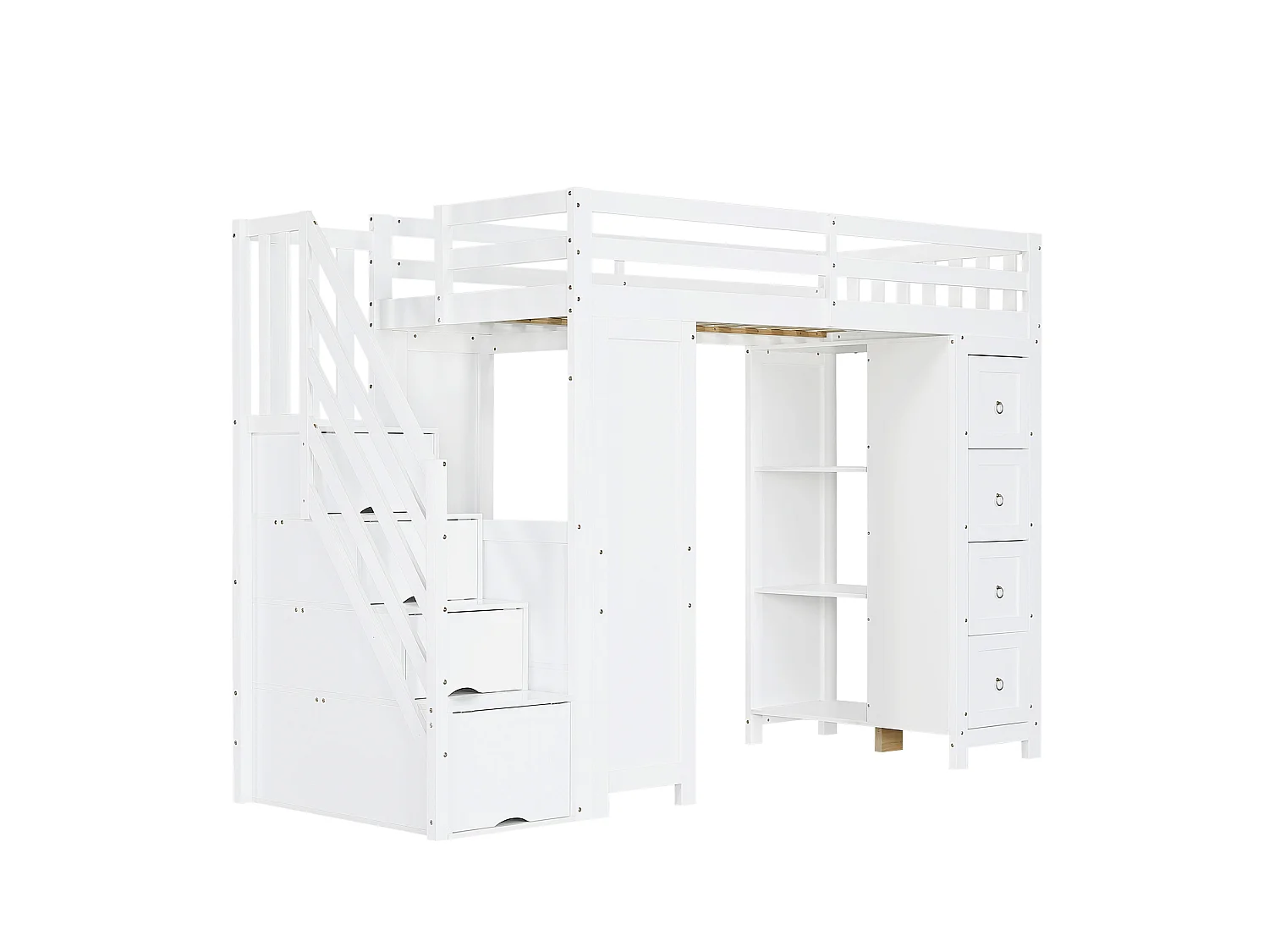 Lit mezzanine 90x200 cm - avec bureau et tiroirs - avec échelle de rangement et étagères - Bois massif + MDF - Blanc (sans matelas)