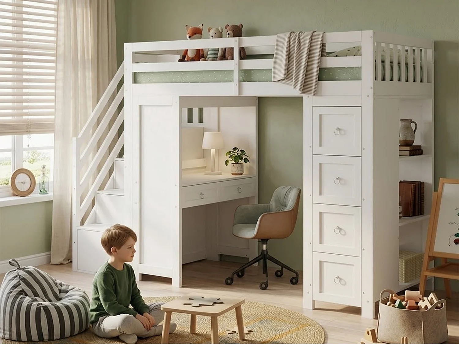Lit mezzanine 90x200 cm - avec bureau et tiroirs - avec échelle de rangement et étagères - Bois massif + MDF - Blanc (sans matelas)