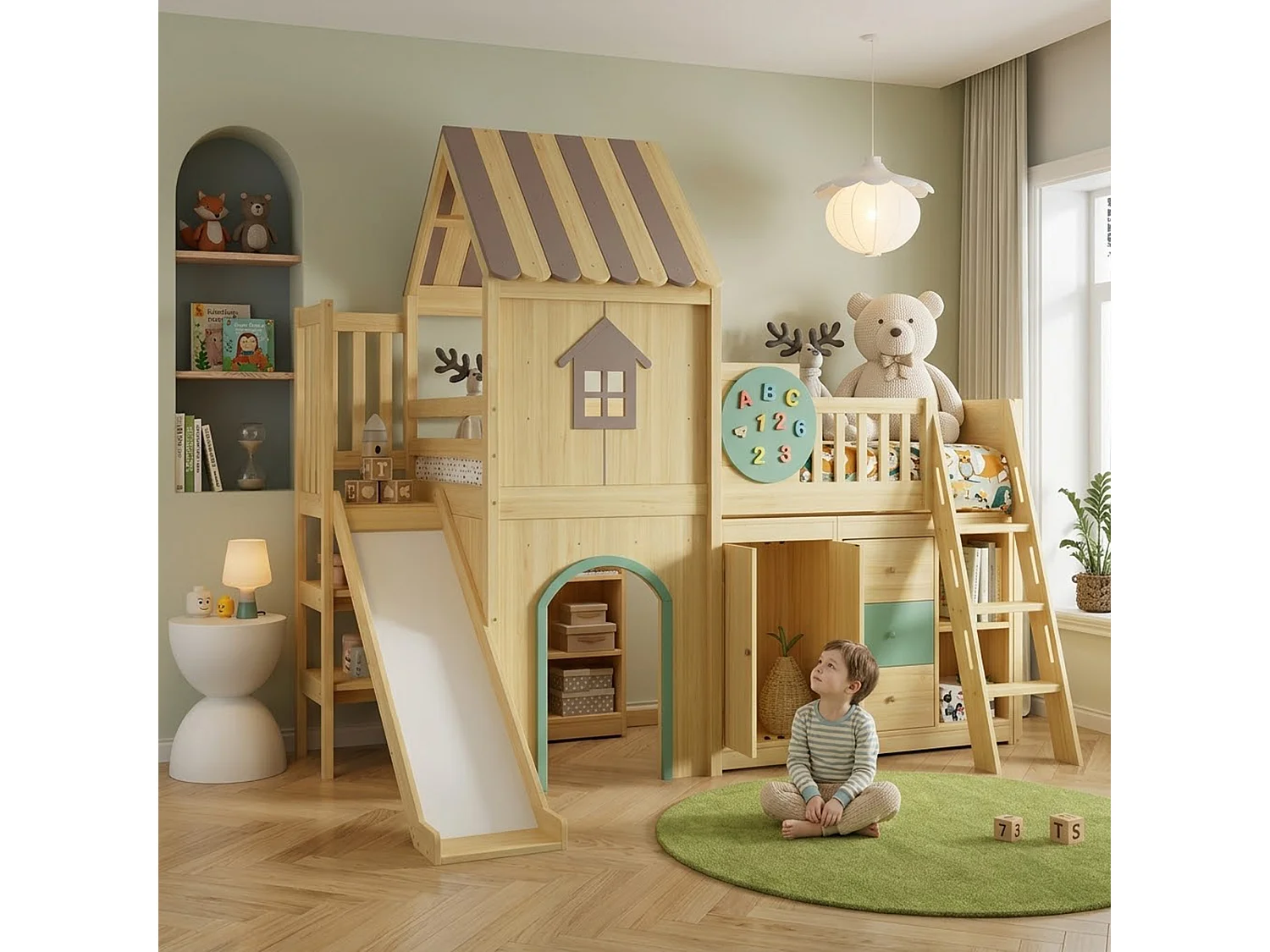 Lit mezzanine enfant 90x200 cm - avec toboggan et échelle - avec tiroirs et armoire - conception de maison - Bois massif + MDF - Naturel (sans matelas)