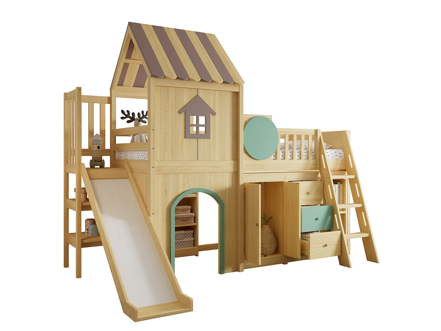 Lit mezzanine enfant 90x200 cm - avec toboggan et échelle - avec tiroirs et armoire - conception de maison - Bois massif + MDF - Naturel (sans matelas)