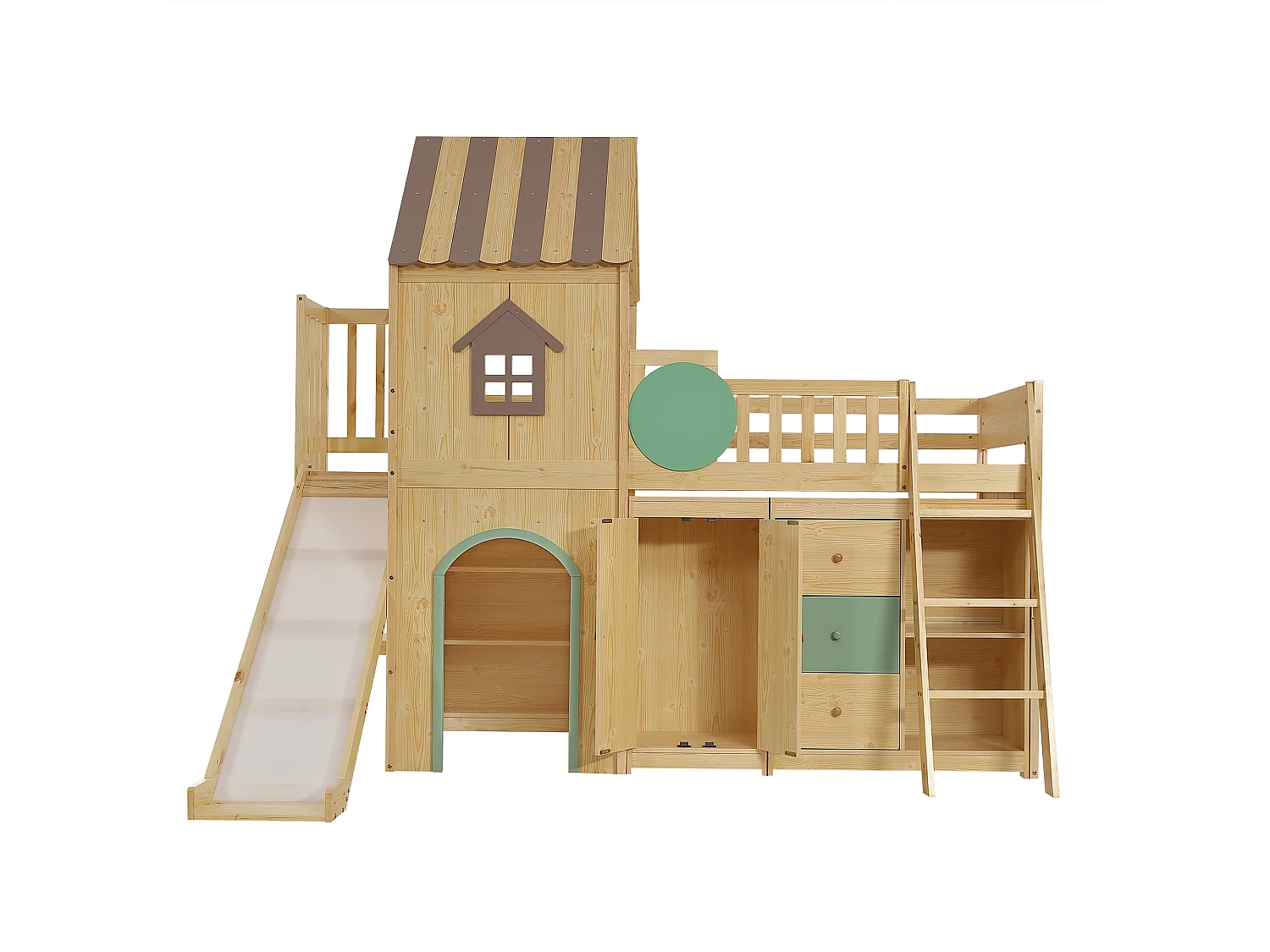 Lit mezzanine enfant 90x200 cm - avec toboggan et échelle - avec tiroirs et armoire - conception de maison - Bois massif + MDF - Naturel (sans matelas)