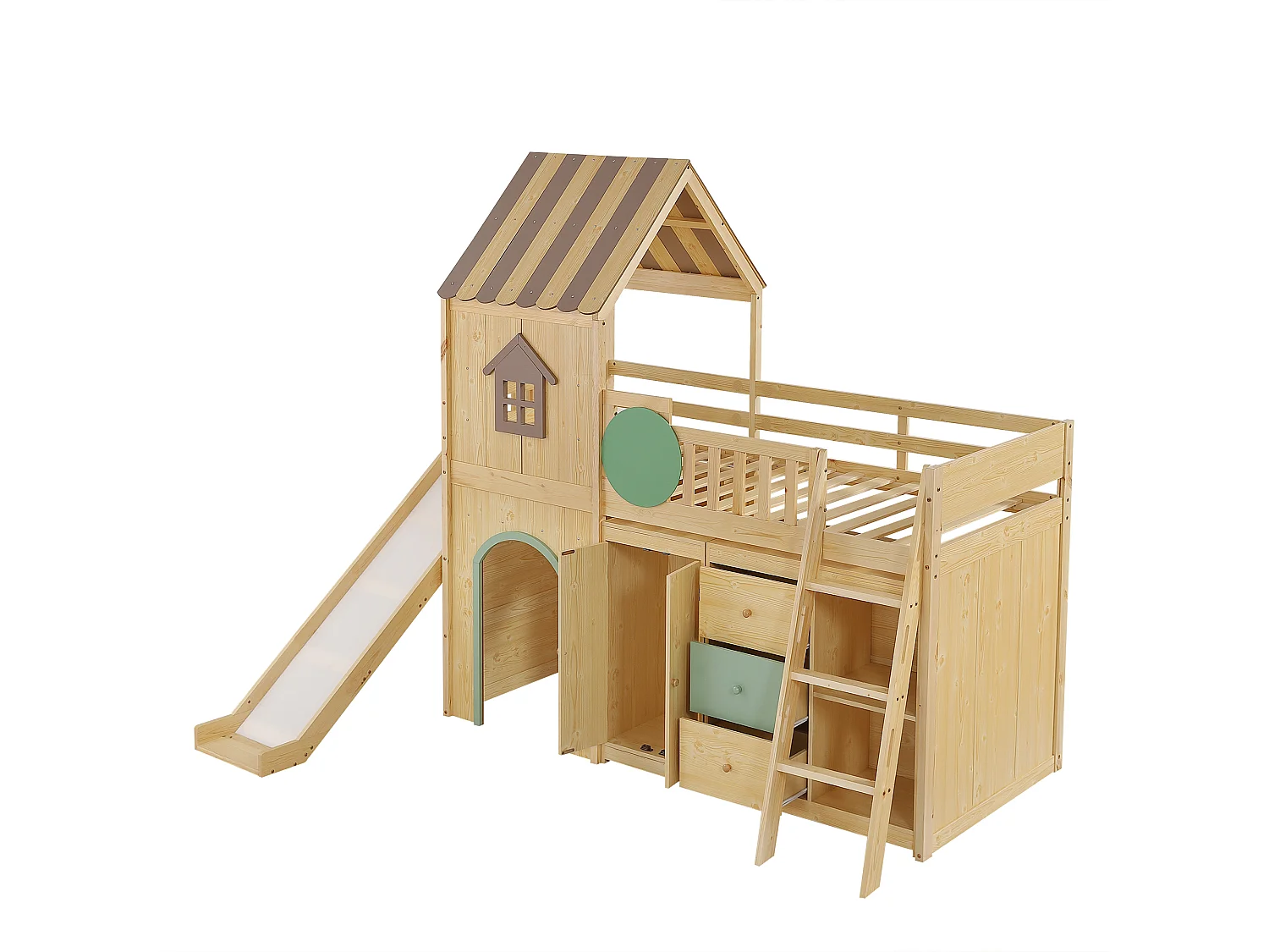 Lit mezzanine enfant 90x200 cm - avec toboggan et échelle - avec tiroirs et armoire - conception de maison - Bois massif + MDF - Naturel (sans matelas)