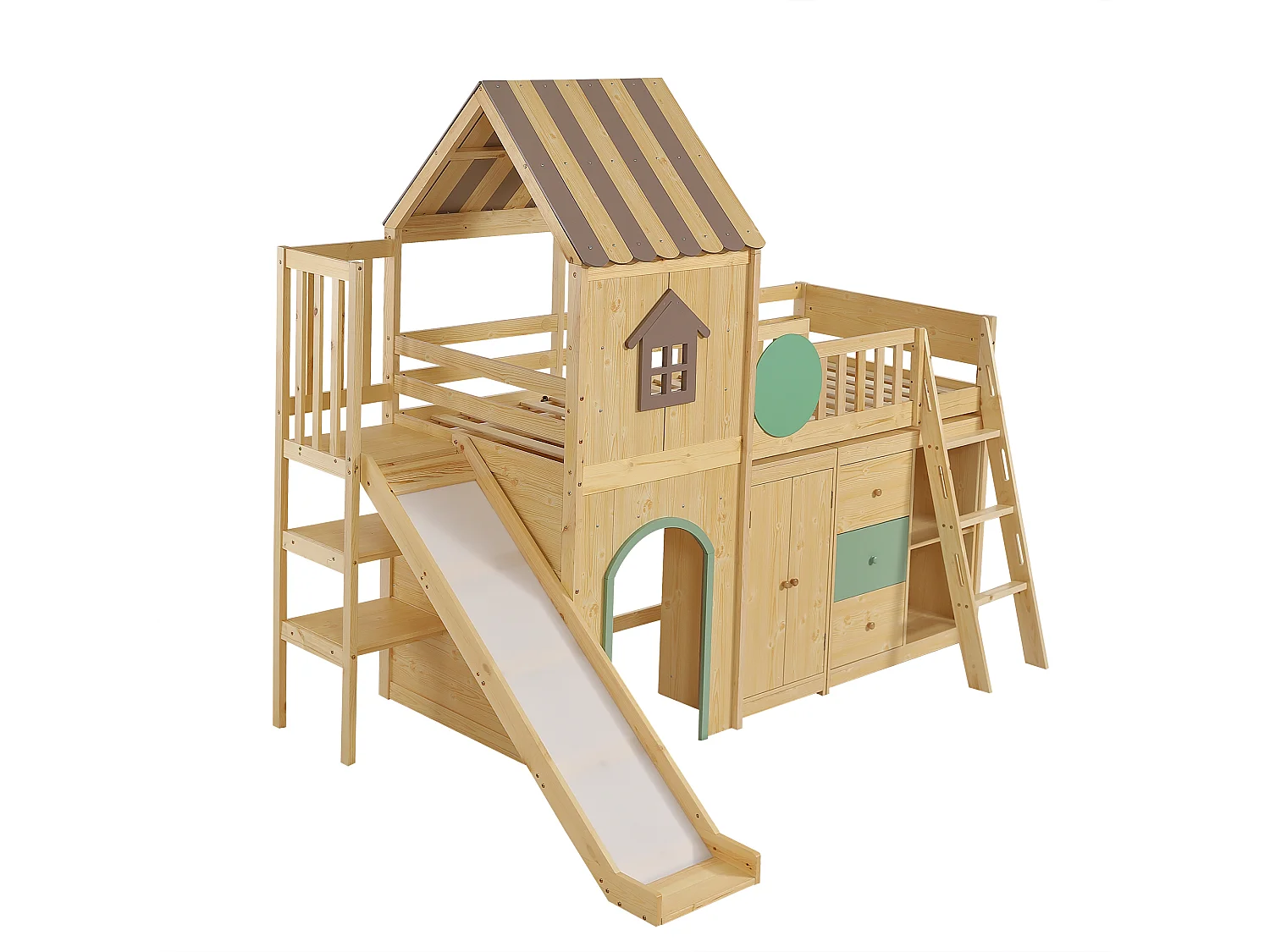 Lit mezzanine enfant 90x200 cm - avec toboggan et échelle - avec tiroirs et armoire - conception de maison - Bois massif + MDF - Naturel (sans matelas)