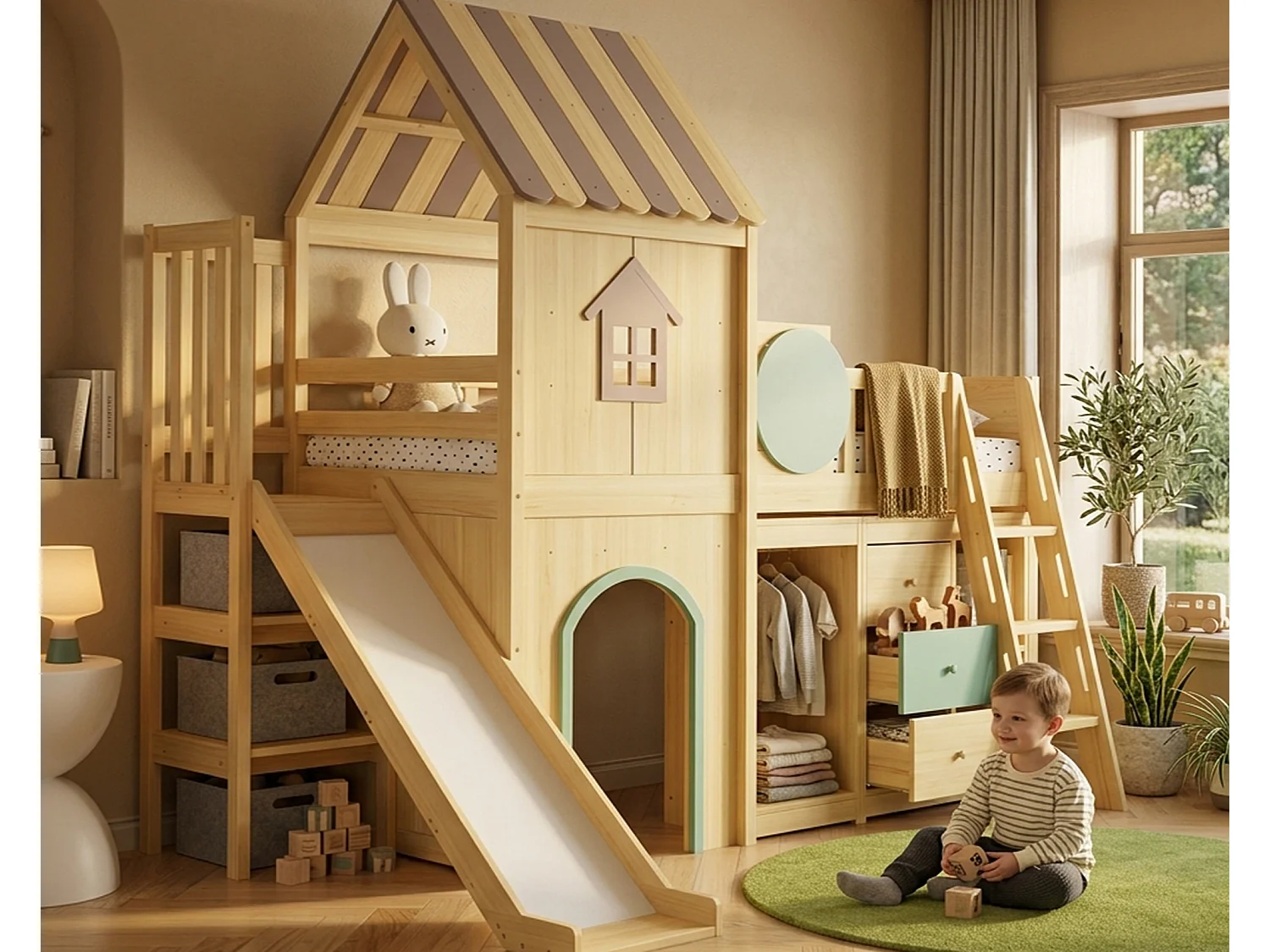 Lit mezzanine enfant 90x200 cm - avec toboggan et échelle - avec tiroirs et armoire - conception de maison - Bois massif + MDF - Naturel (sans matelas)
