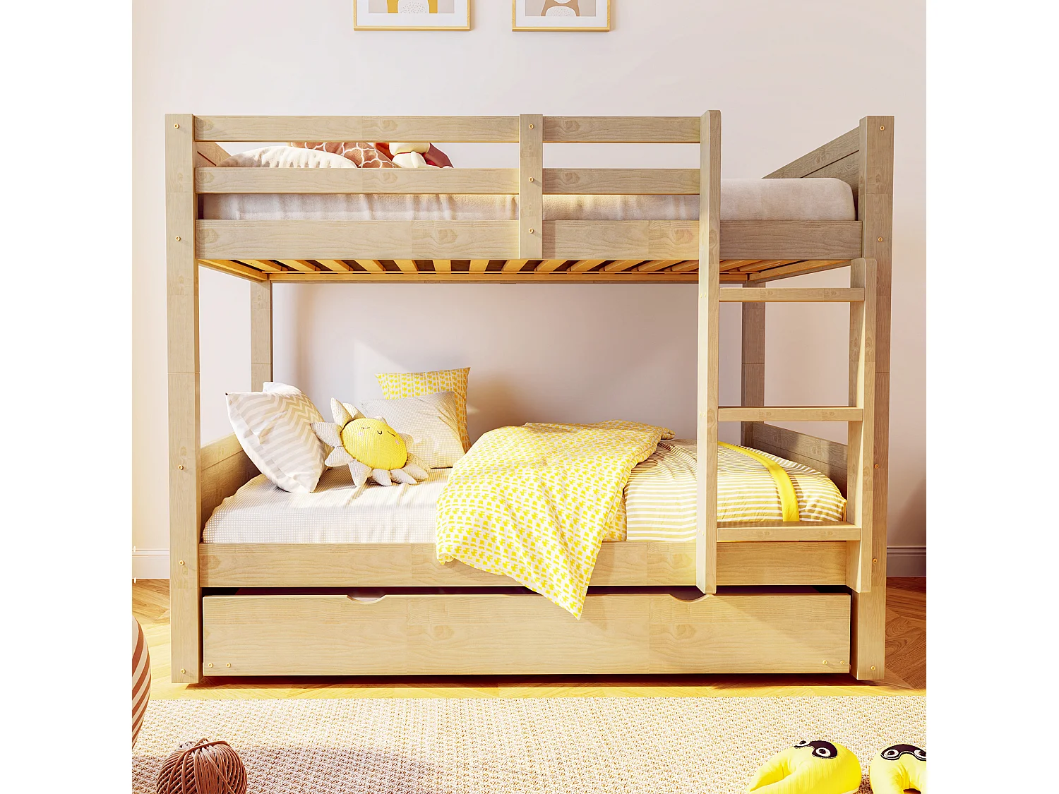 Lit superposé enfant 3 places - 90 x 200 cm - avec lit gigogne - convertible en lit simple - bois - naturel