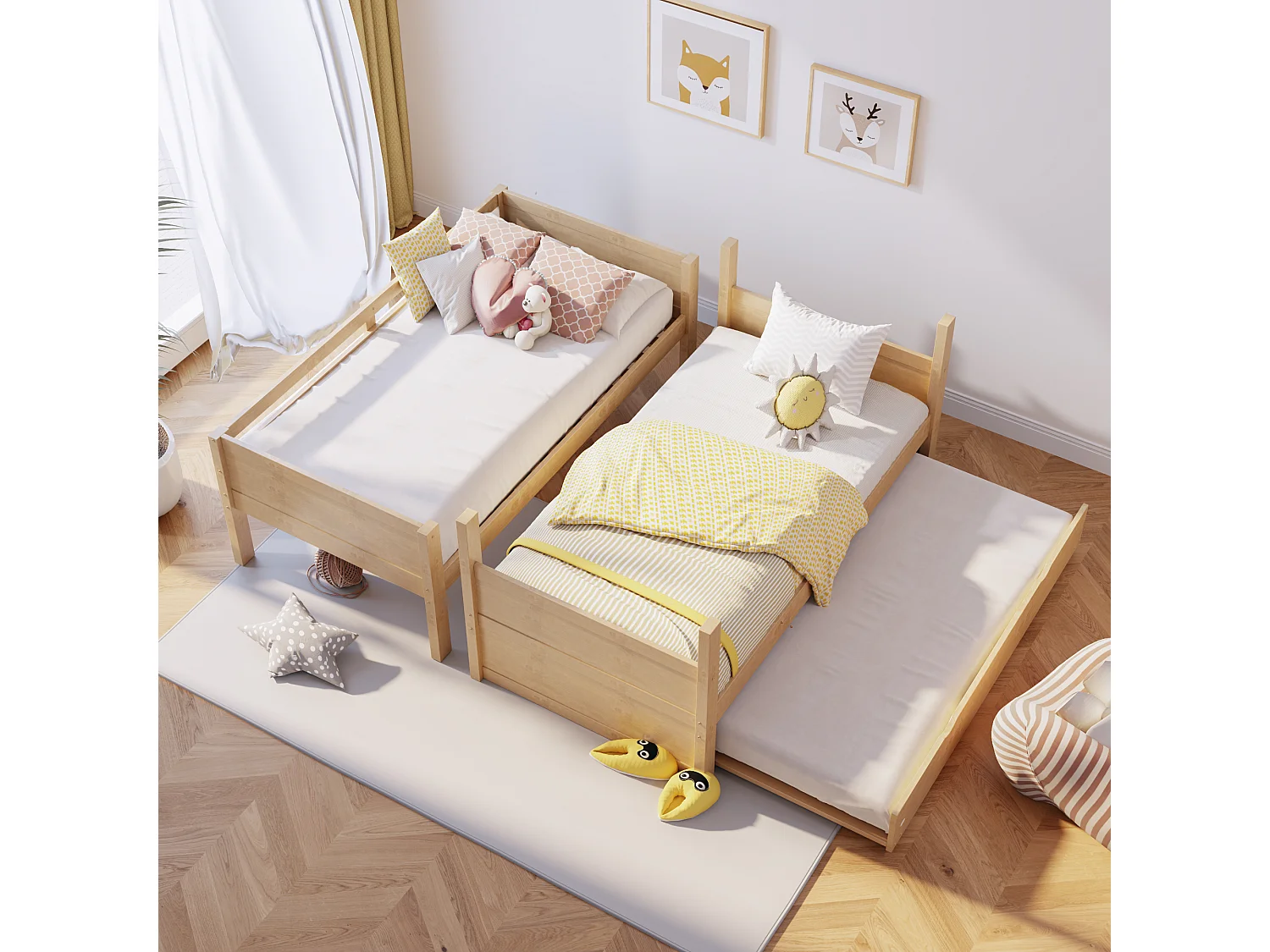 Lit superposé enfant 3 places - 90 x 200 cm - avec lit gigogne - convertible en lit simple - bois - naturel