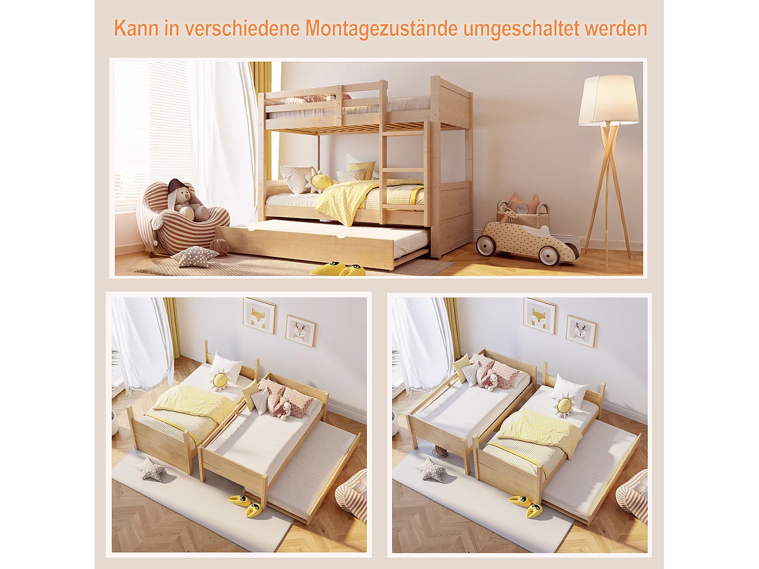 Lit superposé enfant 3 places - 90 x 200 cm - avec lit gigogne - convertible en lit simple - bois - naturel
