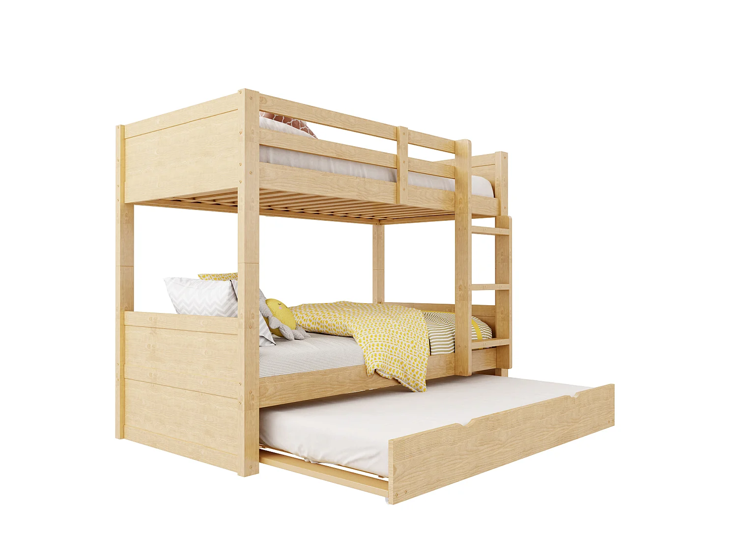 Lit superposé enfant 3 places - 90 x 200 cm - avec lit gigogne - convertible en lit simple - bois - naturel