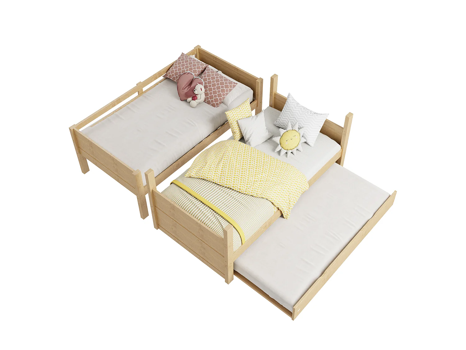 Lit superposé enfant 3 places - 90 x 200 cm - avec lit gigogne - convertible en lit simple - bois - naturel