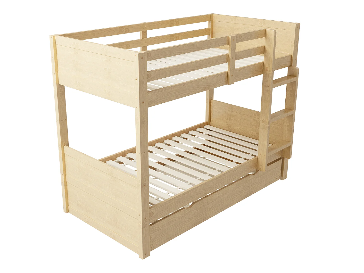 Lit superposé enfant 3 places - 90 x 200 cm - avec lit gigogne - convertible en lit simple - bois - naturel