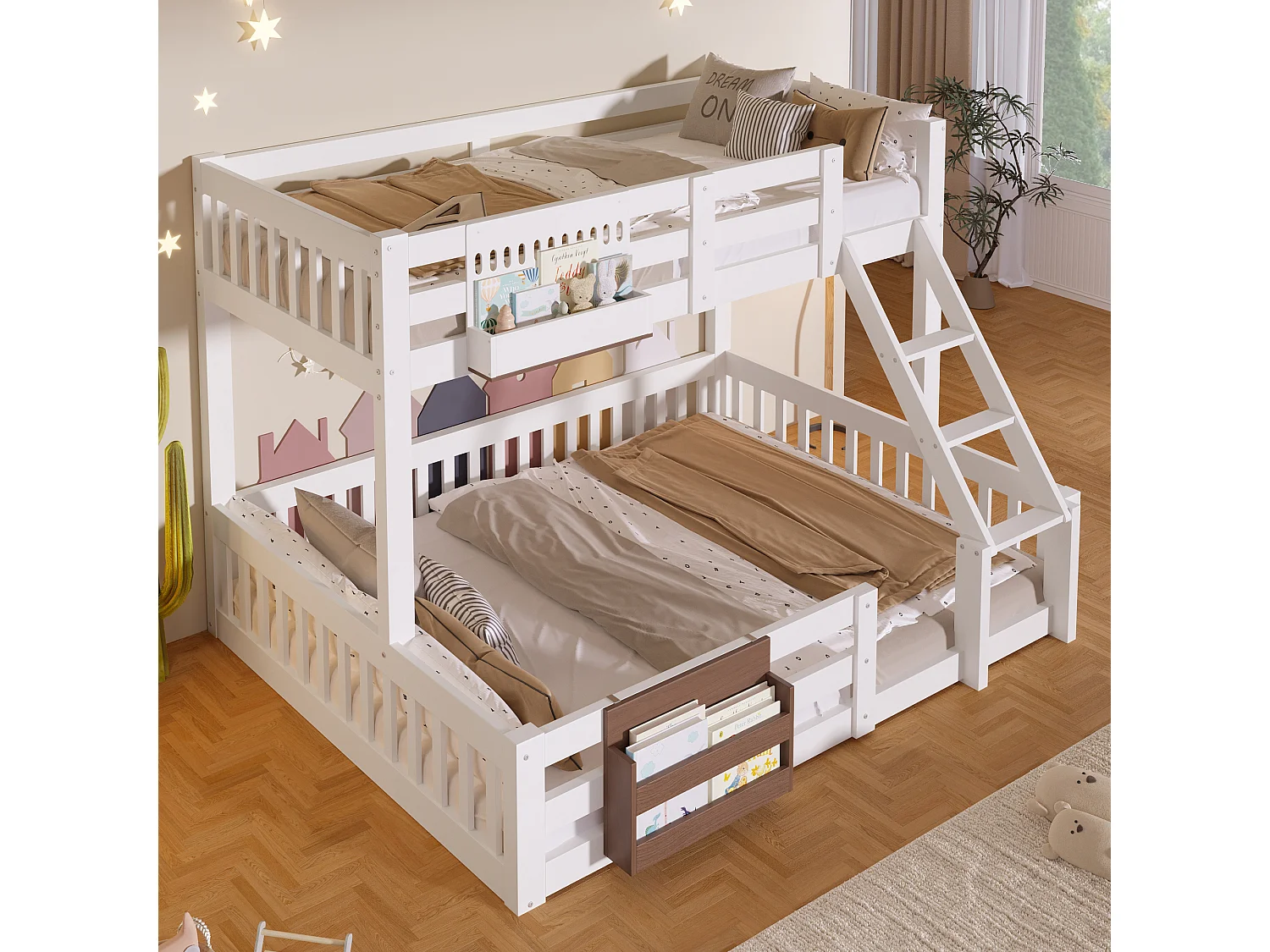 Lit superposé enfant - 90 x 200 + 140 x 200 cm - avec compartiments de rangement + barrière - Fer + MDF + pin - blanc