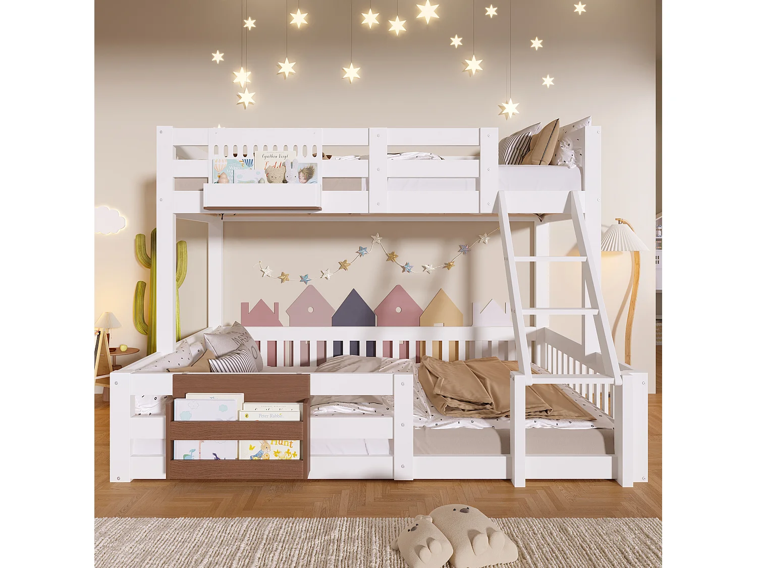 Lit superposé enfant - 90 x 200 + 140 x 200 cm - avec compartiments de rangement + barrière - Fer + MDF + pin - blanc