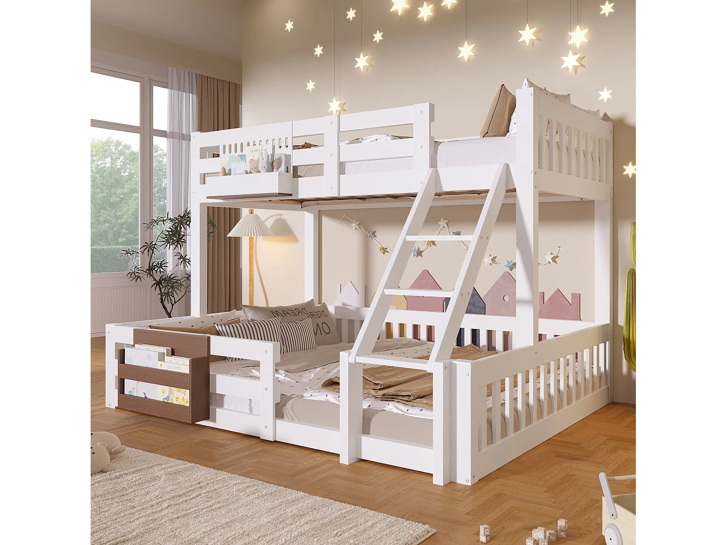 Lit superposé enfant - 90 x 200 + 140 x 200 cm - avec compartiments de rangement + barrière - Fer + MDF + pin - blanc