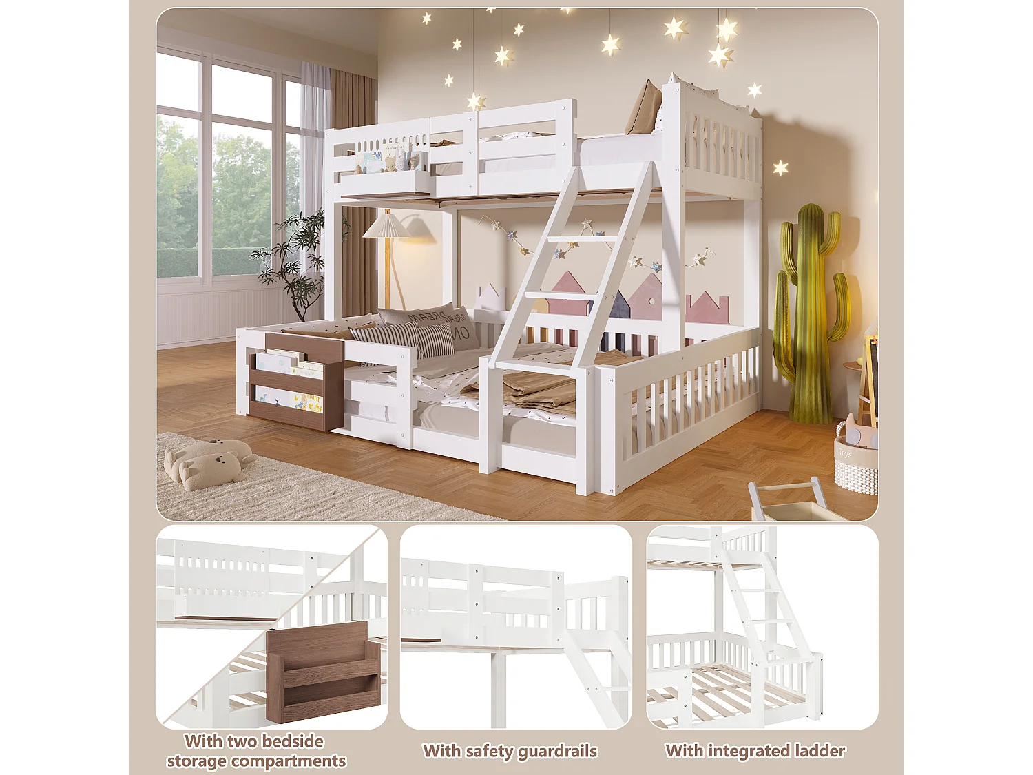 Lit superposé enfant - 90 x 200 + 140 x 200 cm - avec compartiments de rangement + barrière - Fer + MDF + pin - blanc