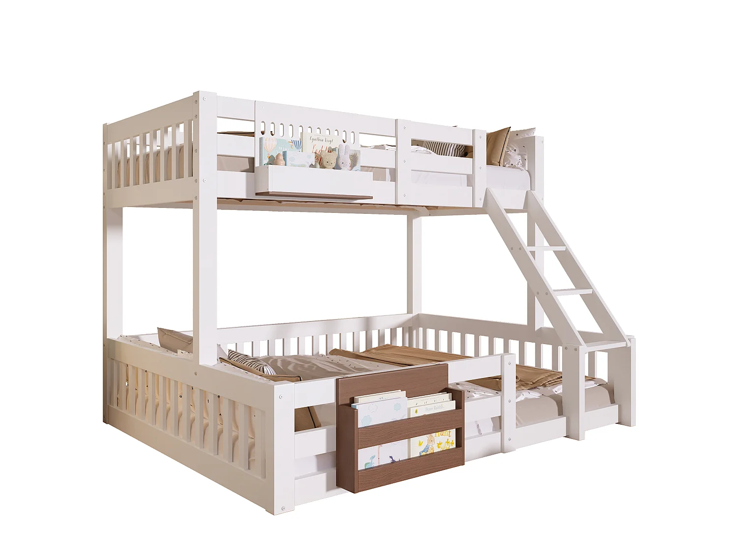 Lit superposé enfant - 90 x 200 + 140 x 200 cm - avec compartiments de rangement + barrière - Fer + MDF + pin - blanc