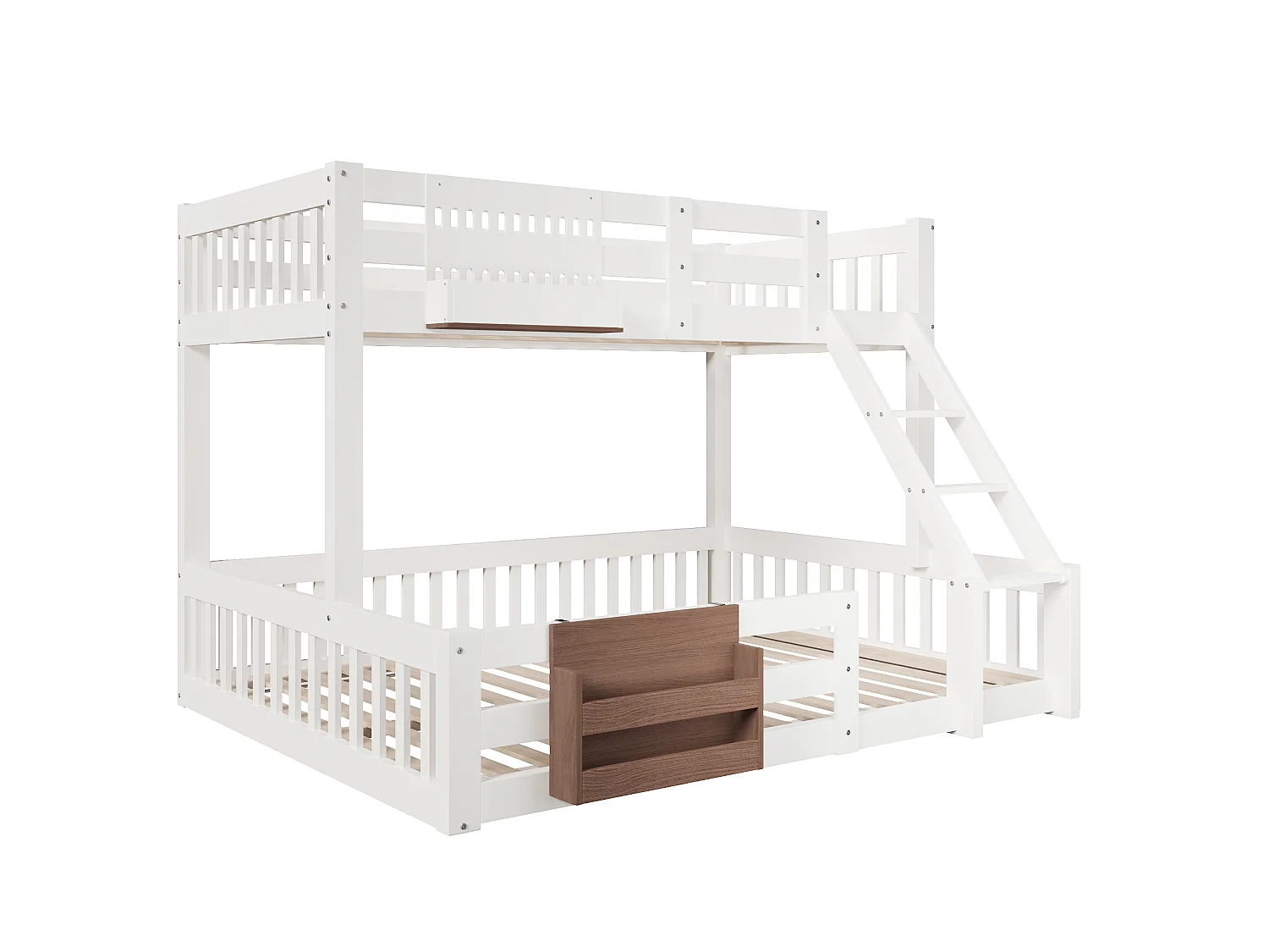 Lit superposé enfant - 90 x 200 + 140 x 200 cm - avec compartiments de rangement + barrière - Fer + MDF + pin - blanc