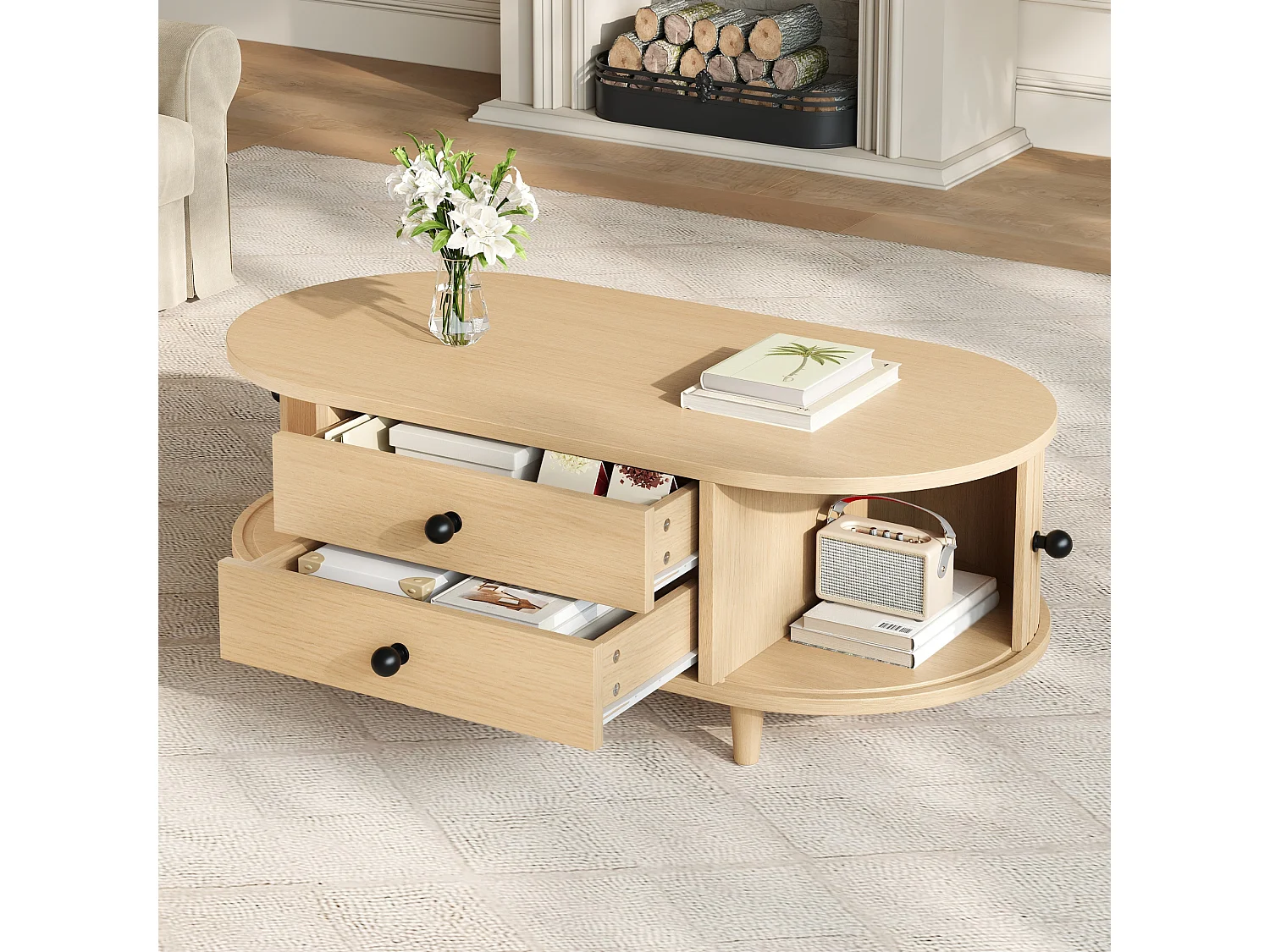 Table basse de salon - 100 x 50 x 36 -  avec portes enroulables + 2 tiroirs - MDF - naturel