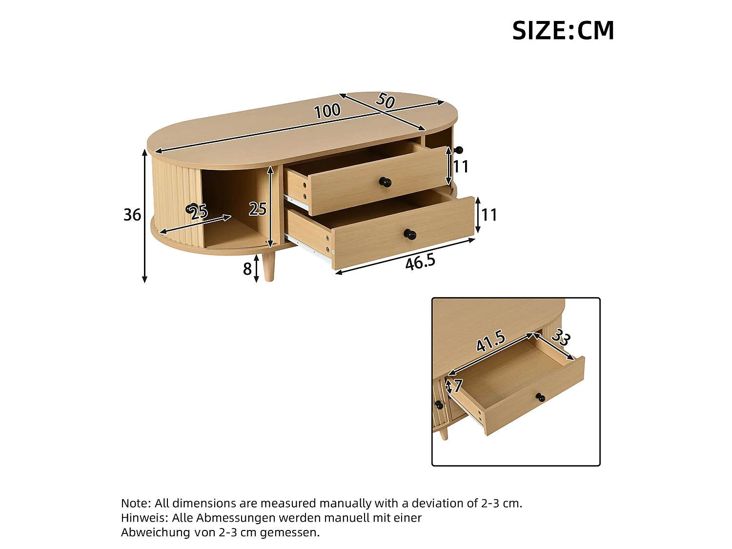 Table basse de salon - 100 x 50 x 36 -  avec portes enroulables + 2 tiroirs - MDF - naturel