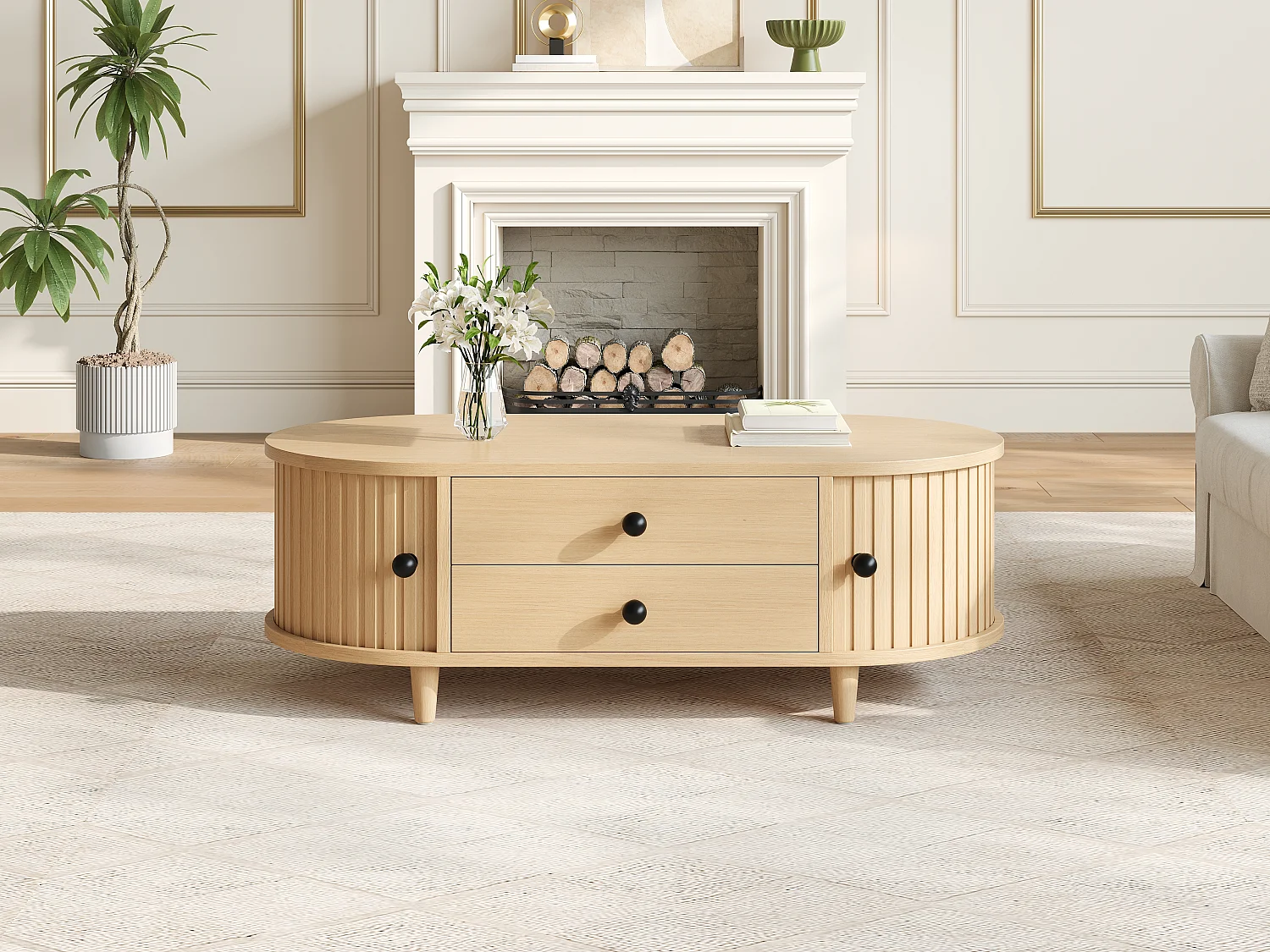 Table basse de salon - 100 x 50 x 36 -  avec portes enroulables + 2 tiroirs - MDF - naturel