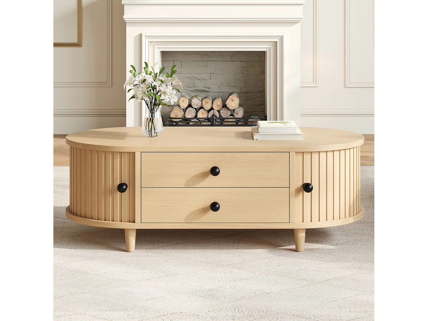 Table basse de salon - 100 x 50 x 36 -  avec portes enroulables + 2 tiroirs - MDF - naturel