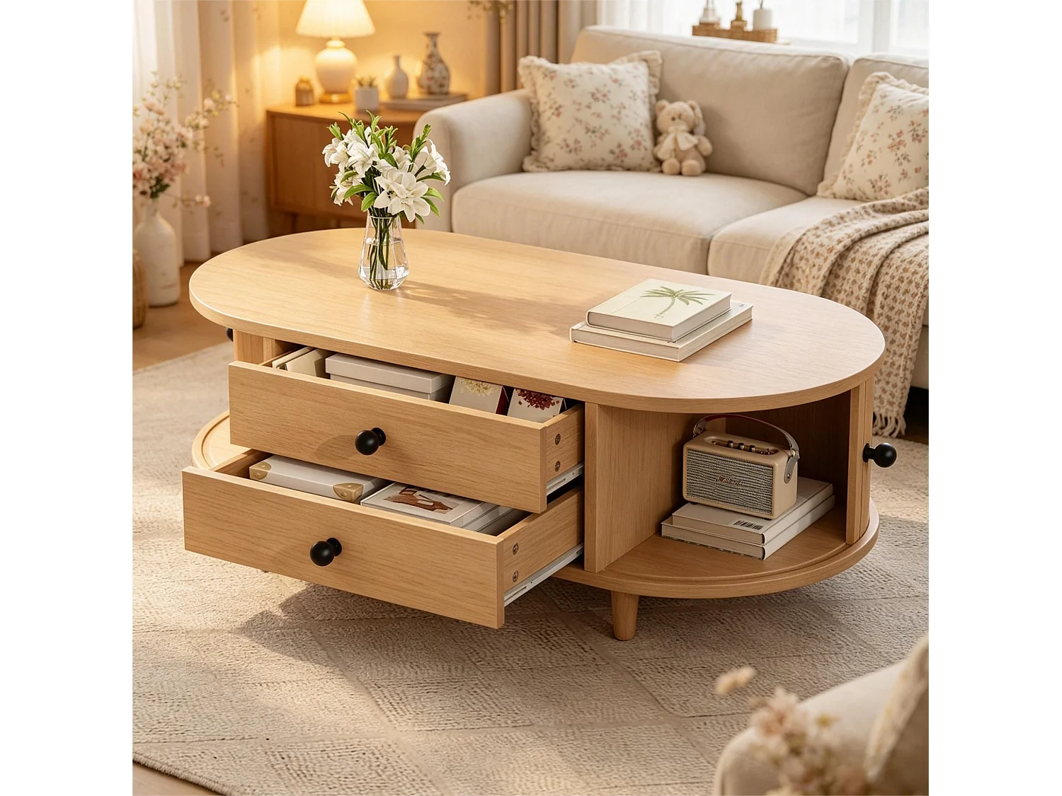 Table basse de salon - 100 x 50 x 36 -  avec portes enroulables + 2 tiroirs - MDF - naturel