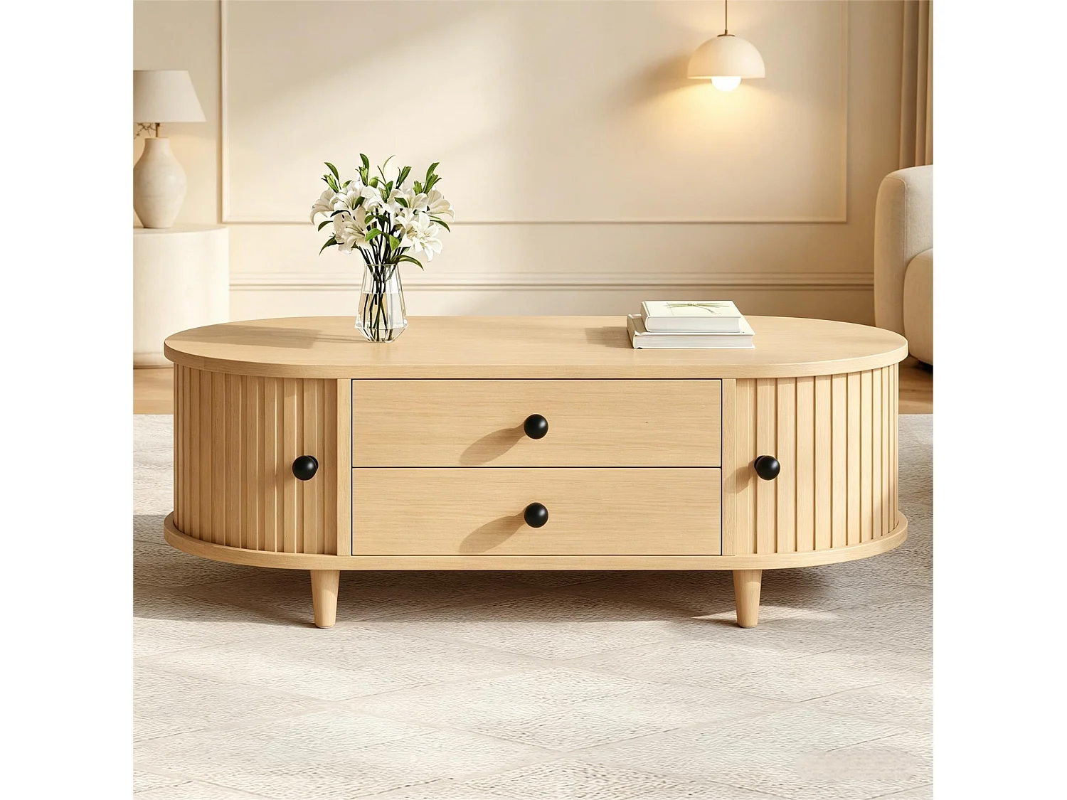 Table basse de salon - 100 x 50 x 36 -  avec portes enroulables + 2 tiroirs - MDF - naturel