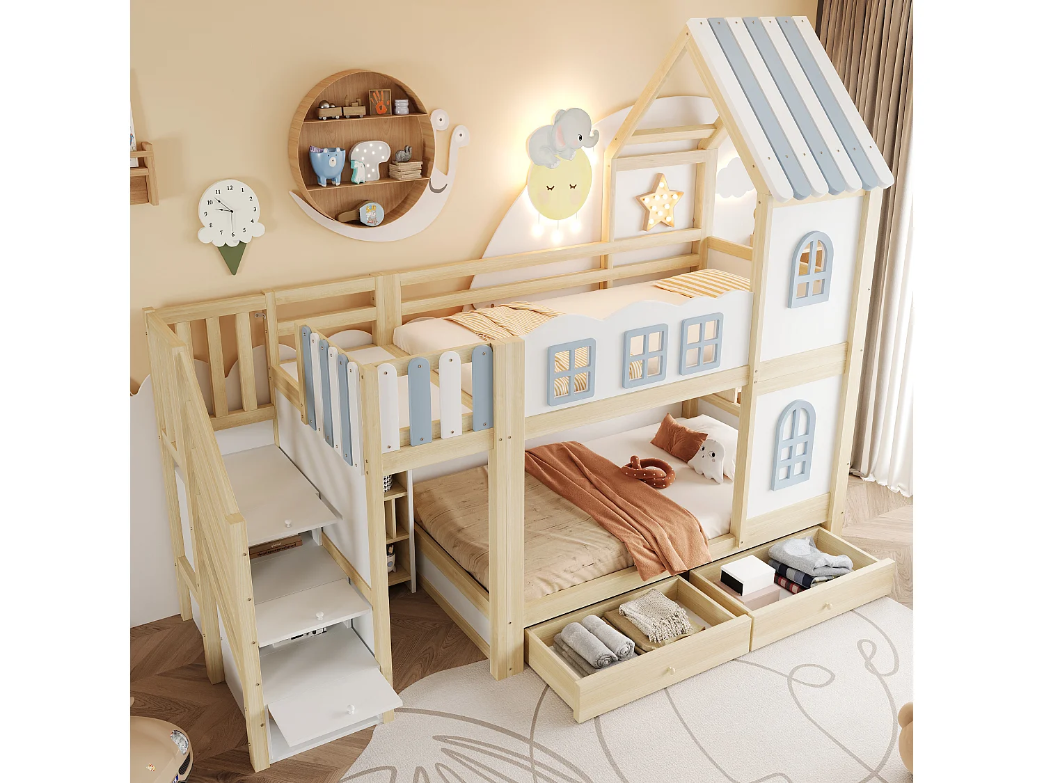 Lit superposé enfant - 2 x 90 x 200 cm - avec toit + fenêtres + escalier de rangement + étagères + tiroirs - bois - blanc