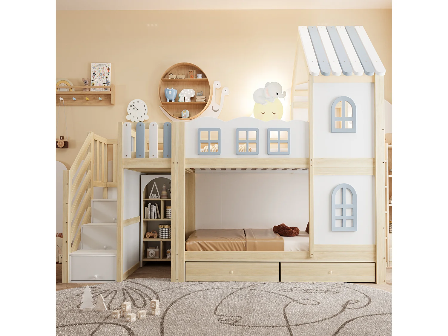 Lit superposé enfant - 2 x 90 x 200 cm - avec toit + fenêtres + escalier de rangement + étagères + tiroirs - bois - blanc