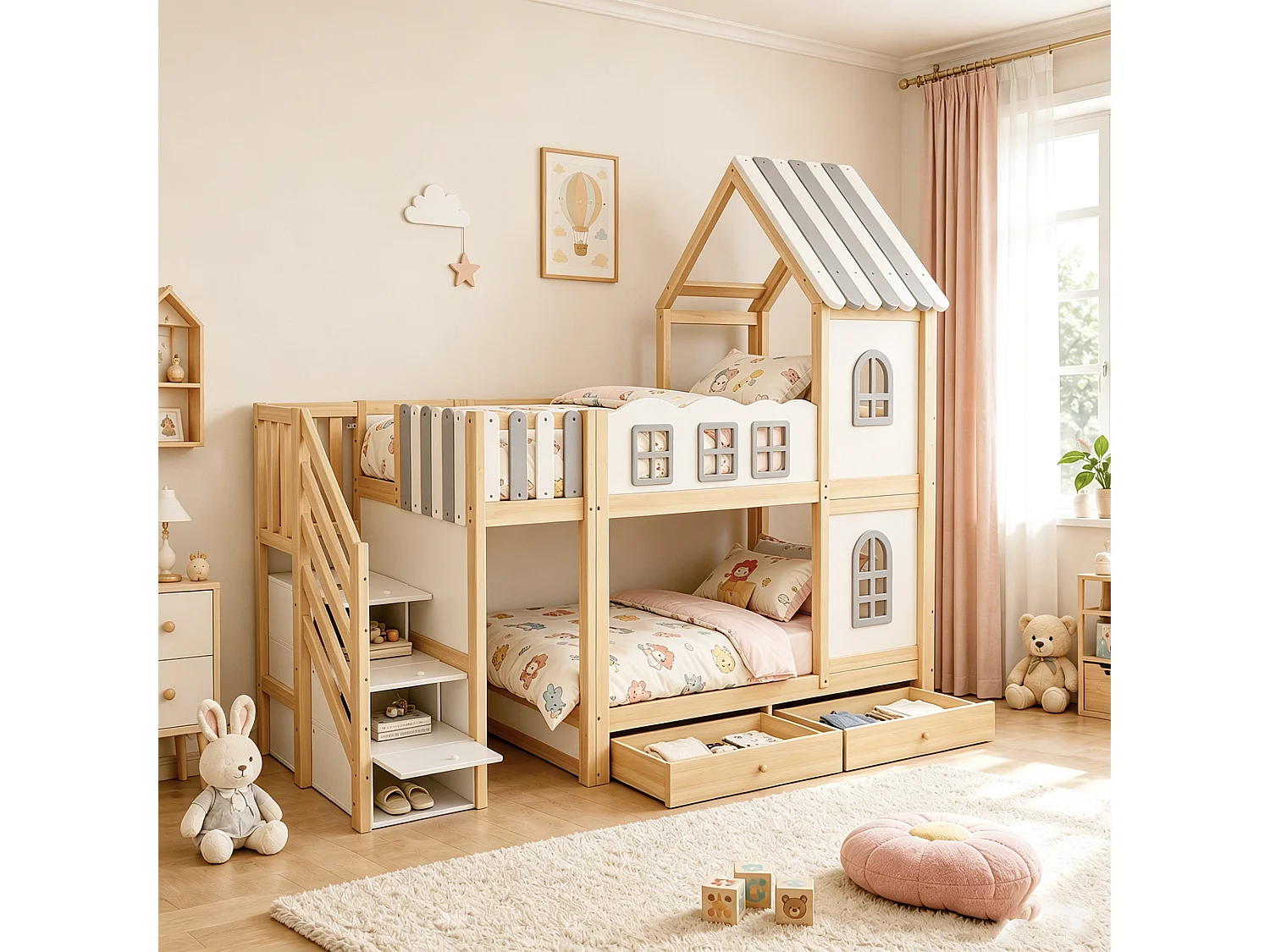 Lit superposé enfant - 2 x 90 x 200 cm - avec toit + fenêtres + escalier de rangement + étagères + tiroirs - bois - blanc