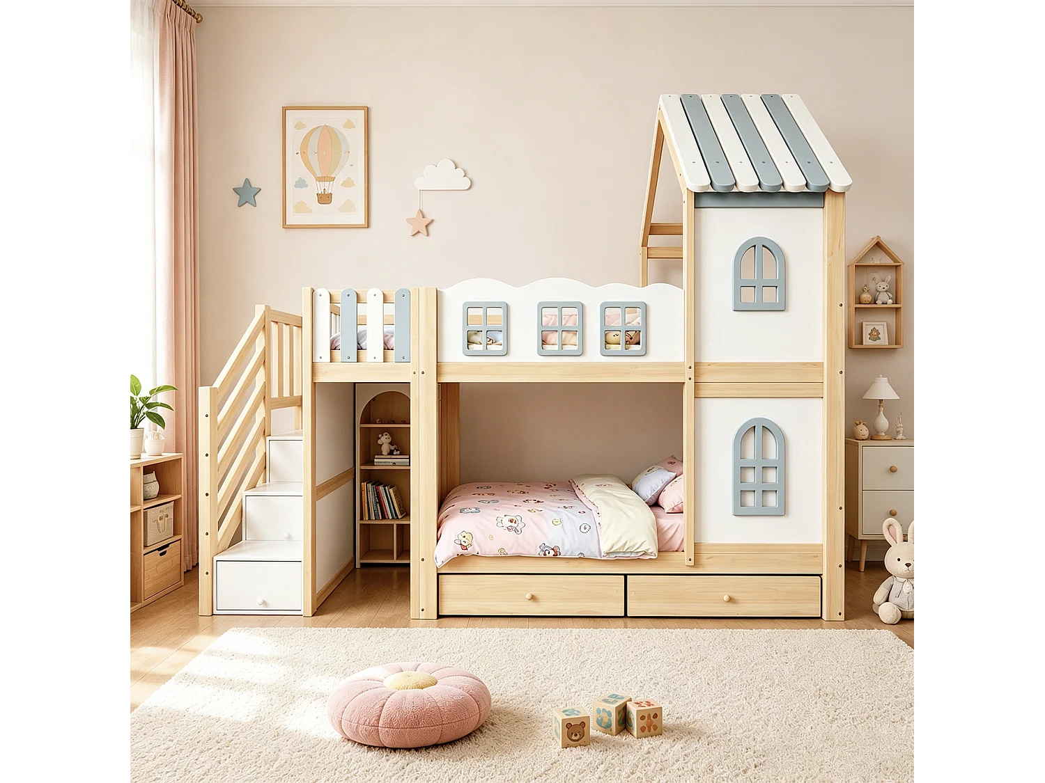 Lit superposé enfant - 2 x 90 x 200 cm - avec toit + fenêtres + escalier de rangement + étagères + tiroirs - bois - blanc