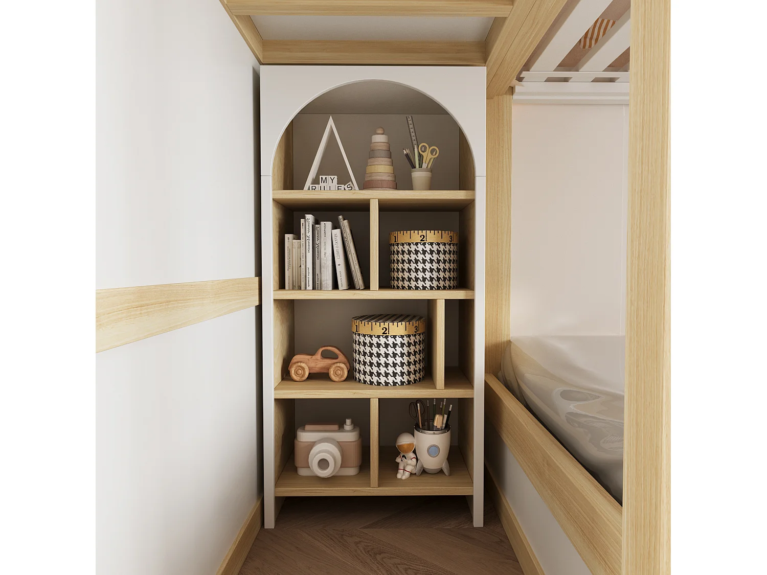 Lit superposé enfant - 2 x 90 x 200 cm - avec toit + fenêtres + escalier de rangement + étagères + tiroirs - bois - blanc