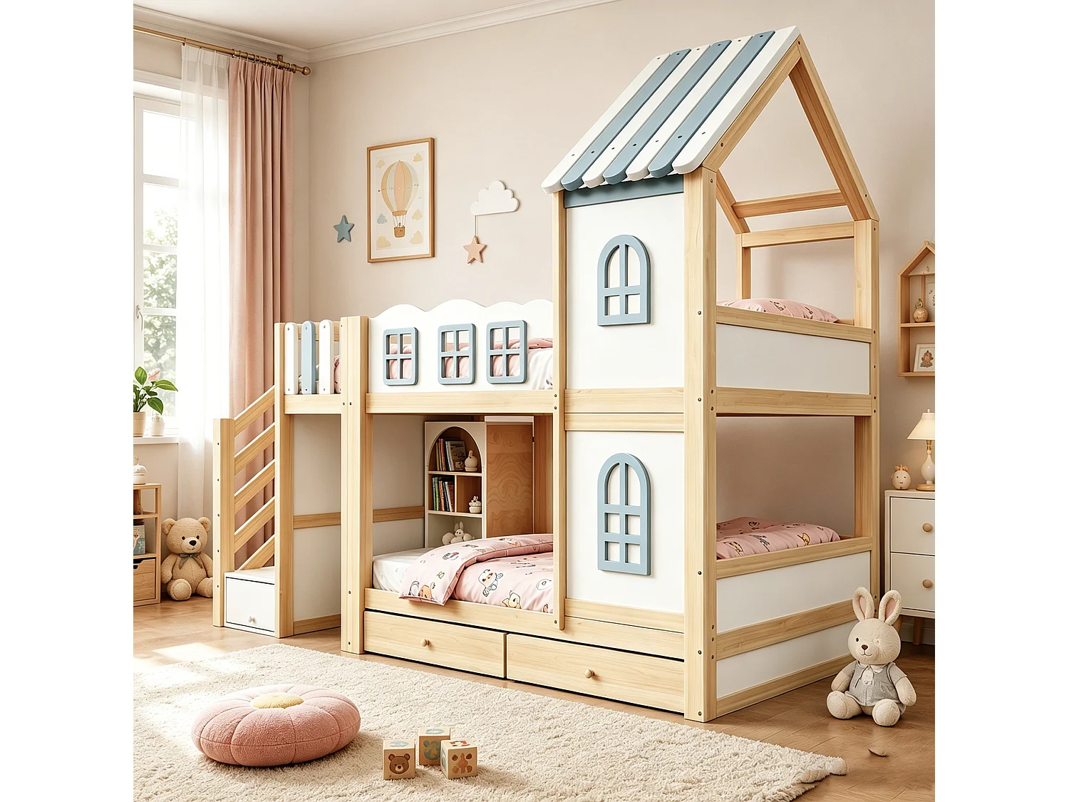 Lit superposé enfant - 2 x 90 x 200 cm - avec toit + fenêtres + escalier de rangement + étagères + tiroirs - bois - blanc
