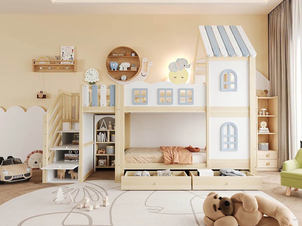 Lit superposé enfant - 2 x 90 x 200 cm - avec toit + fenêtres + escalier de rangement + étagères + tiroirs - bois - blanc