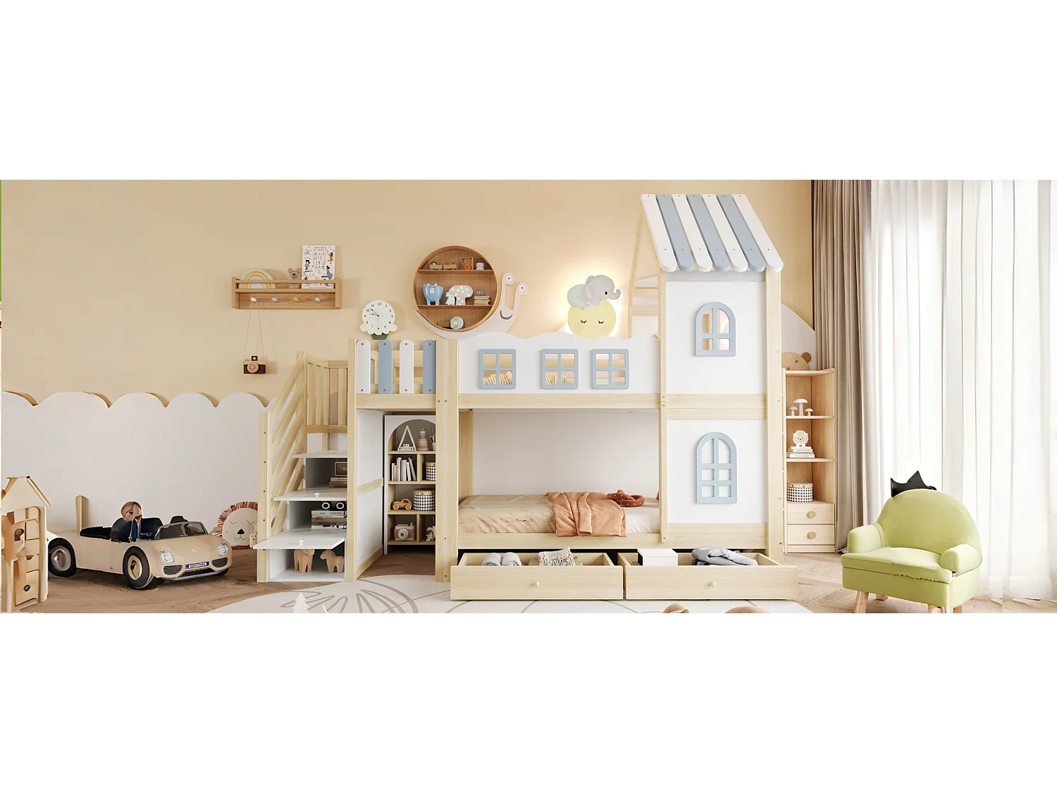 Lit superposé enfant - 2 x 90 x 200 cm - avec toit + fenêtres + escalier de rangement + étagères + tiroirs - bois - blanc