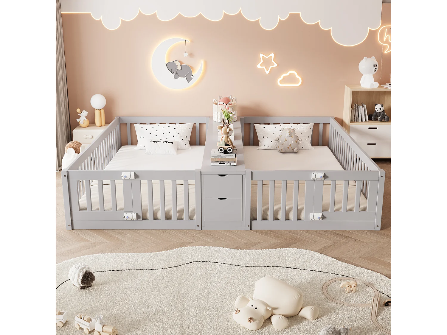 Cadre de lit enfant double - 2 x 90 x 200 cm - avec tiroir + étagère de rangement - sans sommier à lattes - bois - gris