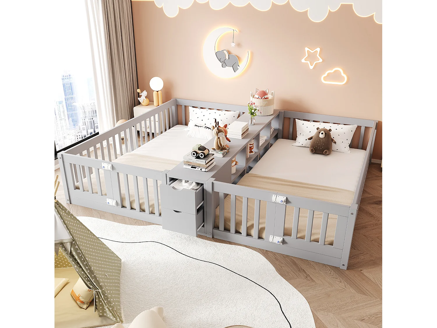 Cadre de lit enfant double - 2 x 90 x 200 cm - avec tiroir + étagère de rangement - sans sommier à lattes - bois - gris