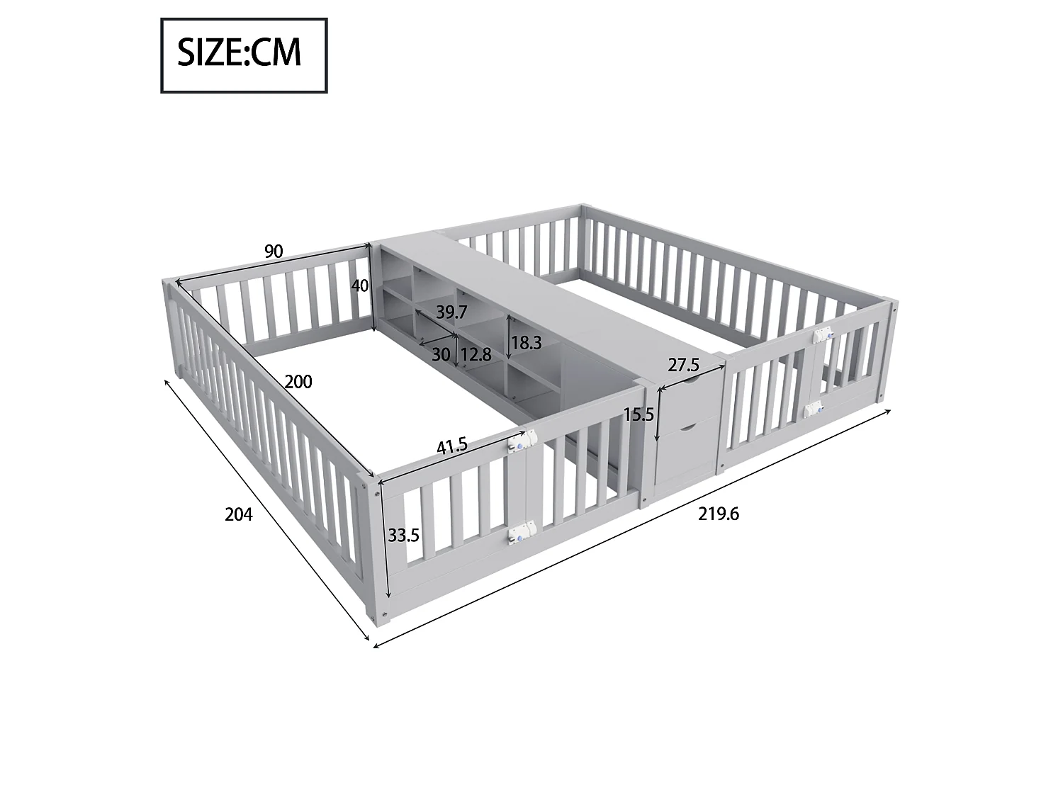 Cadre de lit enfant double - 2 x 90 x 200 cm - avec tiroir + étagère de rangement - sans sommier à lattes - bois - gris