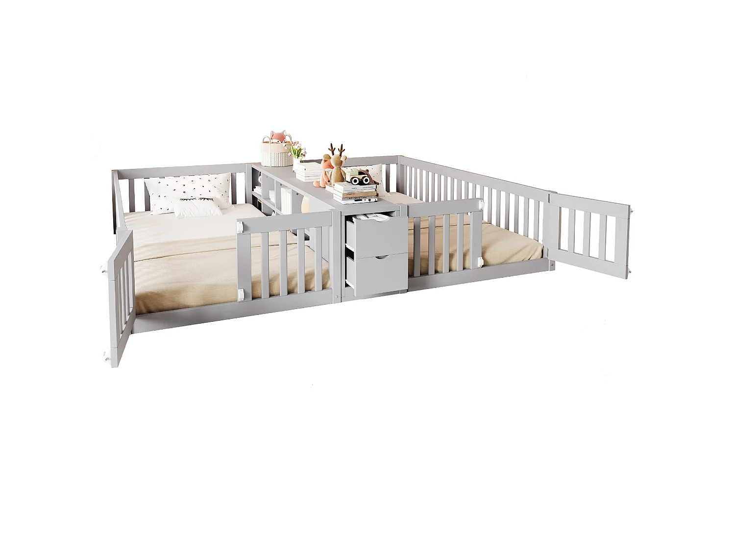 Cadre de lit enfant double - 2 x 90 x 200 cm - avec tiroir + étagère de rangement - sans sommier à lattes - bois - gris