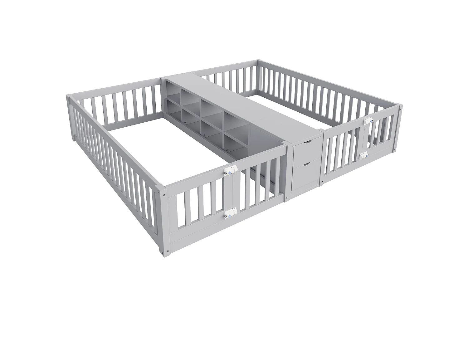 Cadre de lit enfant double - 2 x 90 x 200 cm - avec tiroir + étagère de rangement - sans sommier à lattes - bois - gris