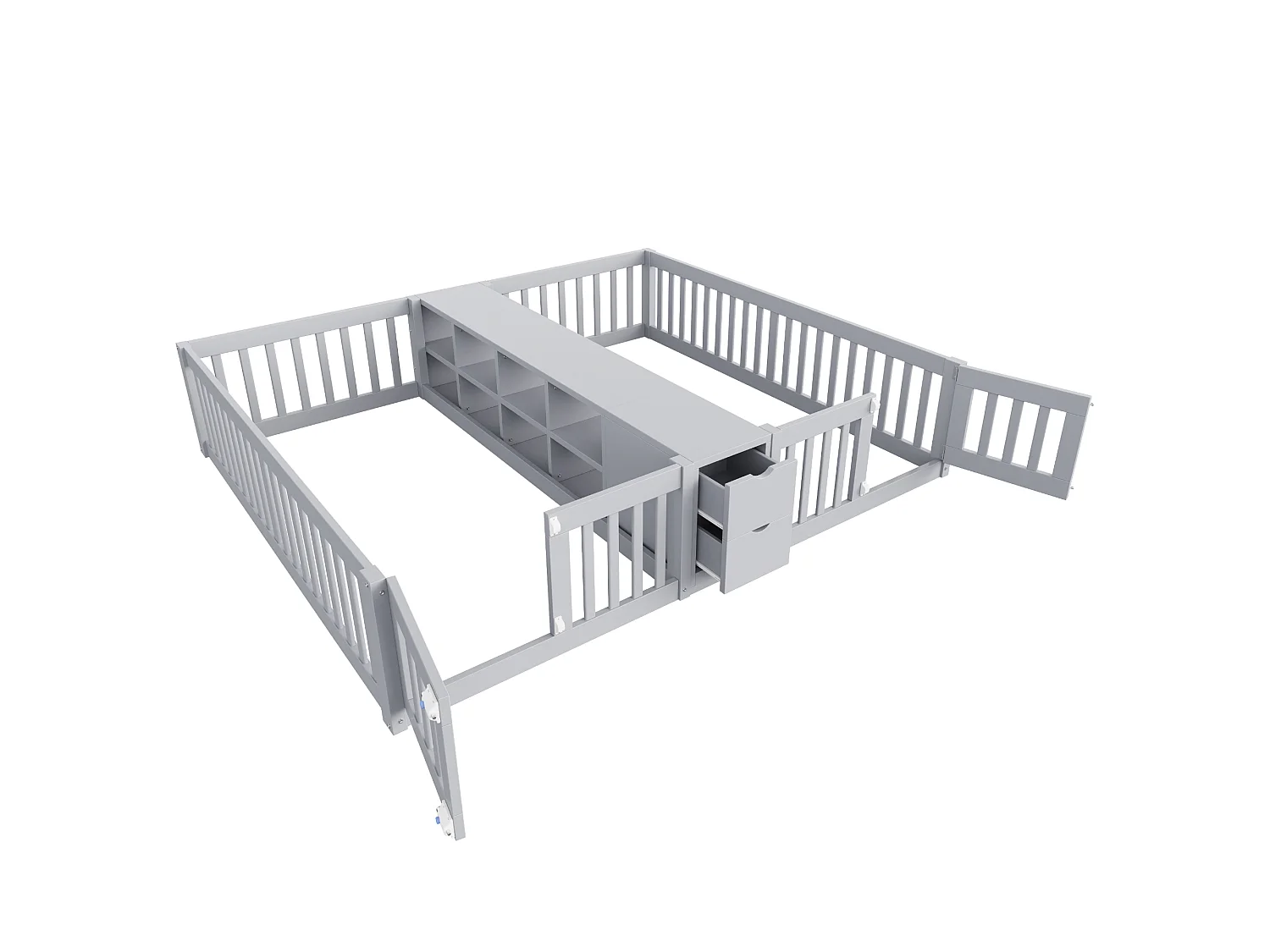 Cadre de lit enfant double - 2 x 90 x 200 cm - avec tiroir + étagère de rangement - sans sommier à lattes - bois - gris