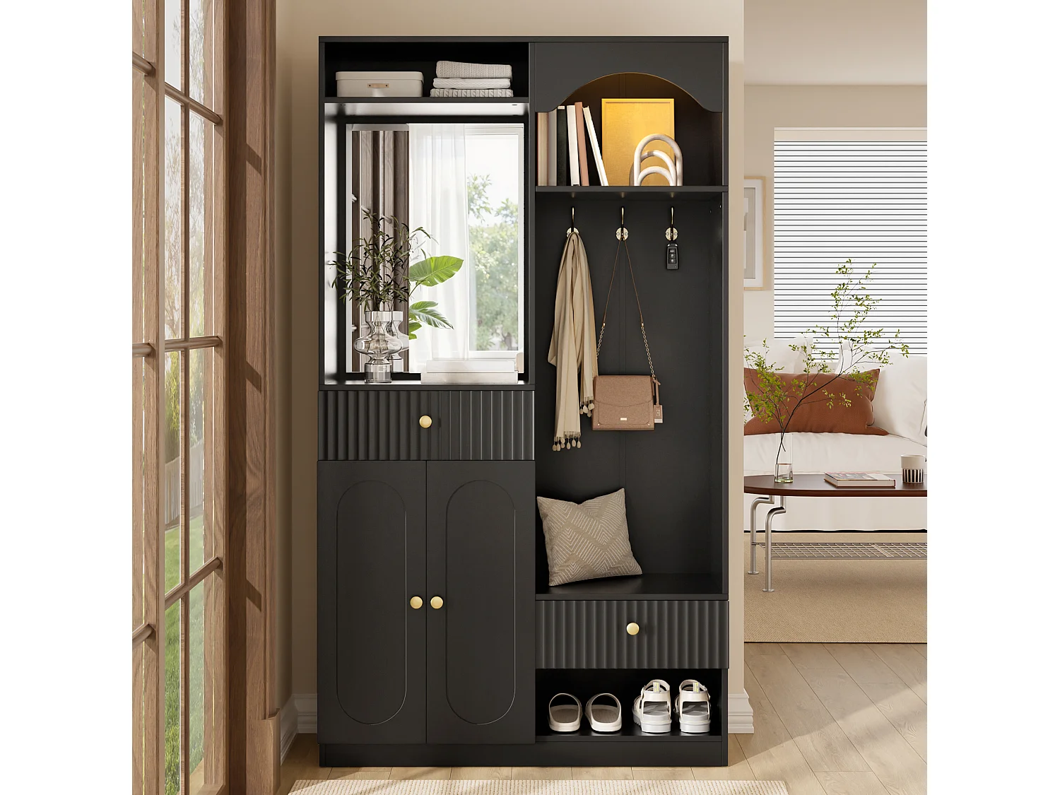 Vestiaire d'entrée - 100 x 35 x 180 cm - avec miroir + banc + meuble à chaussures + tiroirs - MDF - noir