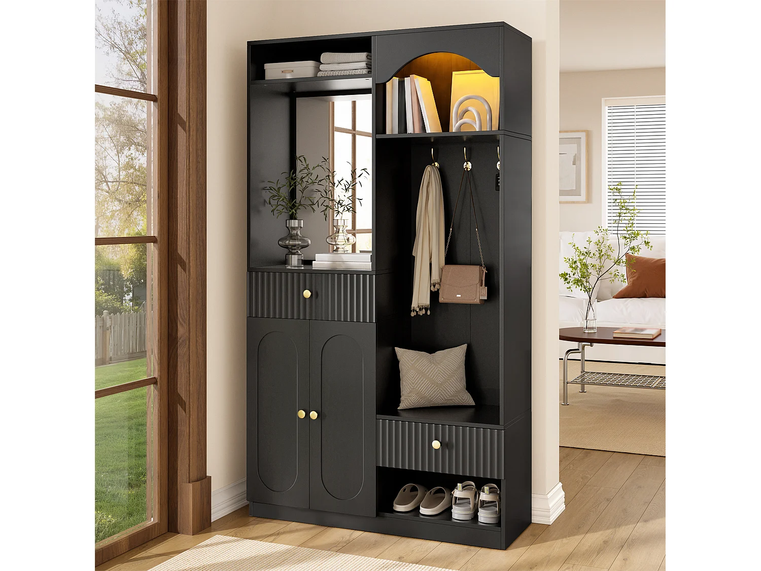 Vestiaire d'entrée - 100 x 35 x 180 cm - avec miroir + banc + meuble à chaussures + tiroirs - MDF - noir
