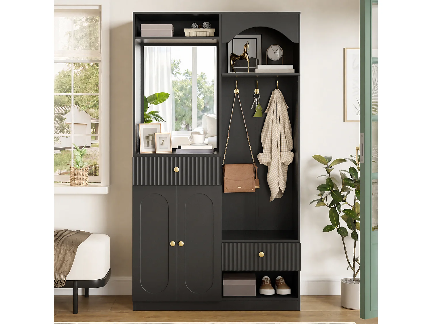 Vestiaire d'entrée - 100 x 35 x 180 cm - avec miroir + banc + meuble à chaussures + tiroirs - MDF - noir